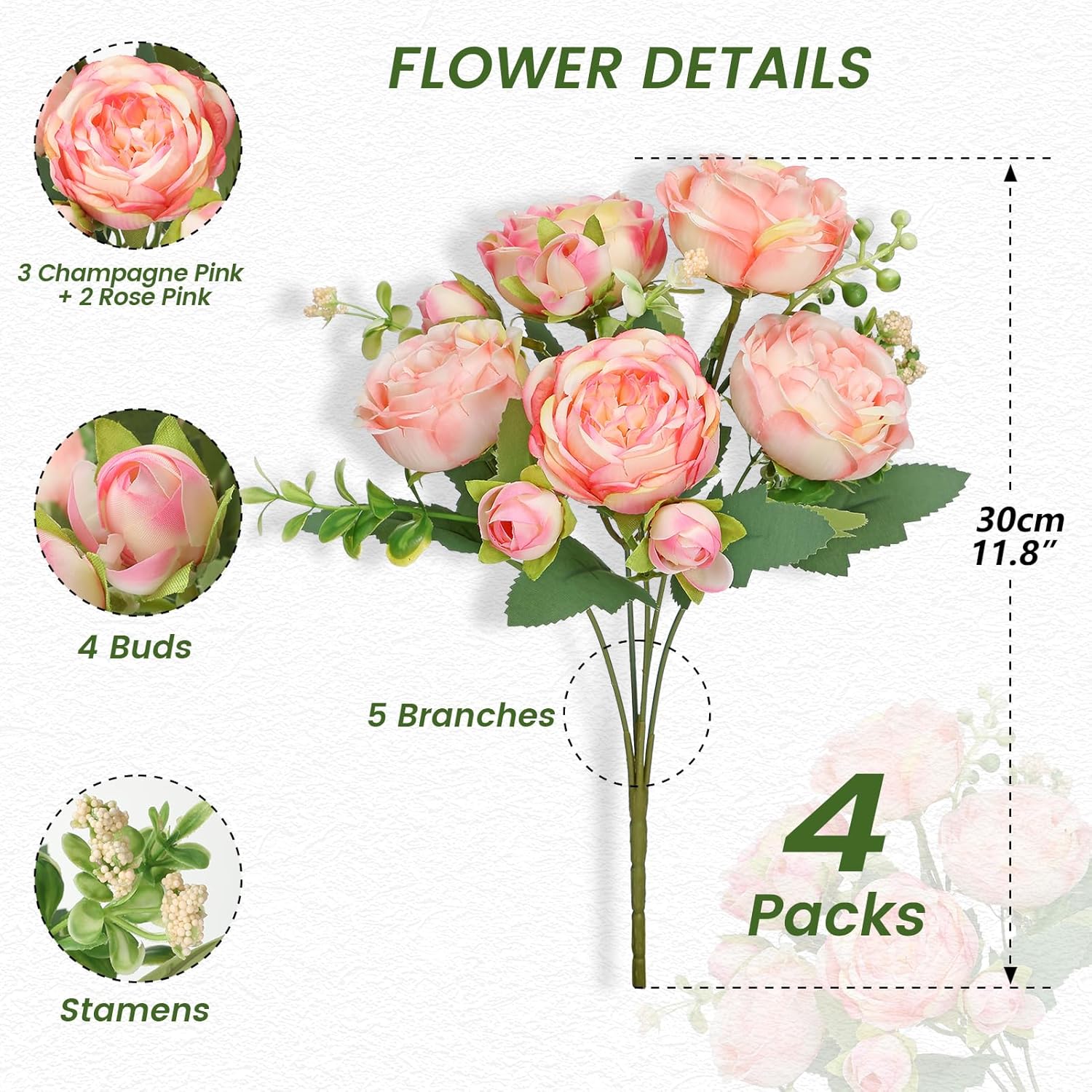 4 Packs Artificial Peony Flowers, 20 Heads & 16 Buds, Realistic Fake Silk Flowers For Home Decor, Wedding Bouquets Diy Crafts Includes 2 Ties & 1.8M Ribbon (Pink)