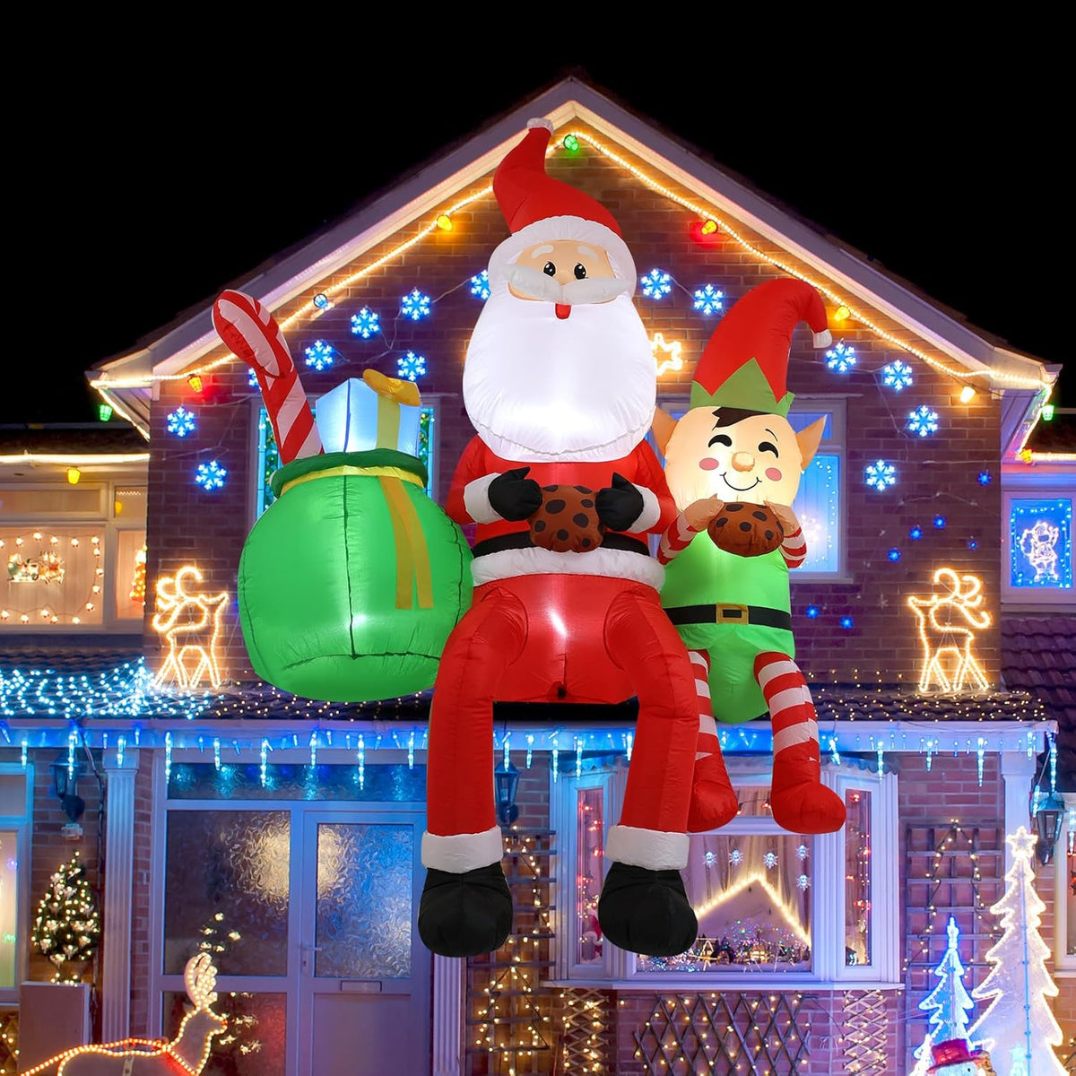 8Ft Santa Claus Sitting On The Roof Christmas Inflatable Decoration With Led Lights, Suitable For Holiday Celebration De