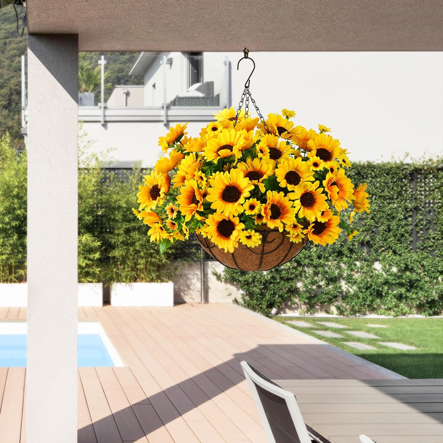 Artificial Sunflowers Fake Hanging Flowers Plants Baskets For Outdoor Fall Decoration, Faux Silk Flowers Look Real Uv Resistant For Porch Patio Garden Spring Home Decor