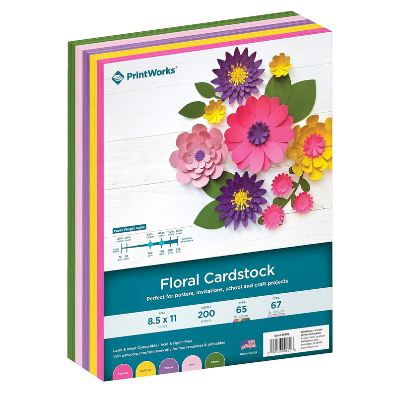 Printworks Floral Cardstock, Heavyweight, Solid Core, 8.5” X 11”, 200 Sheets (