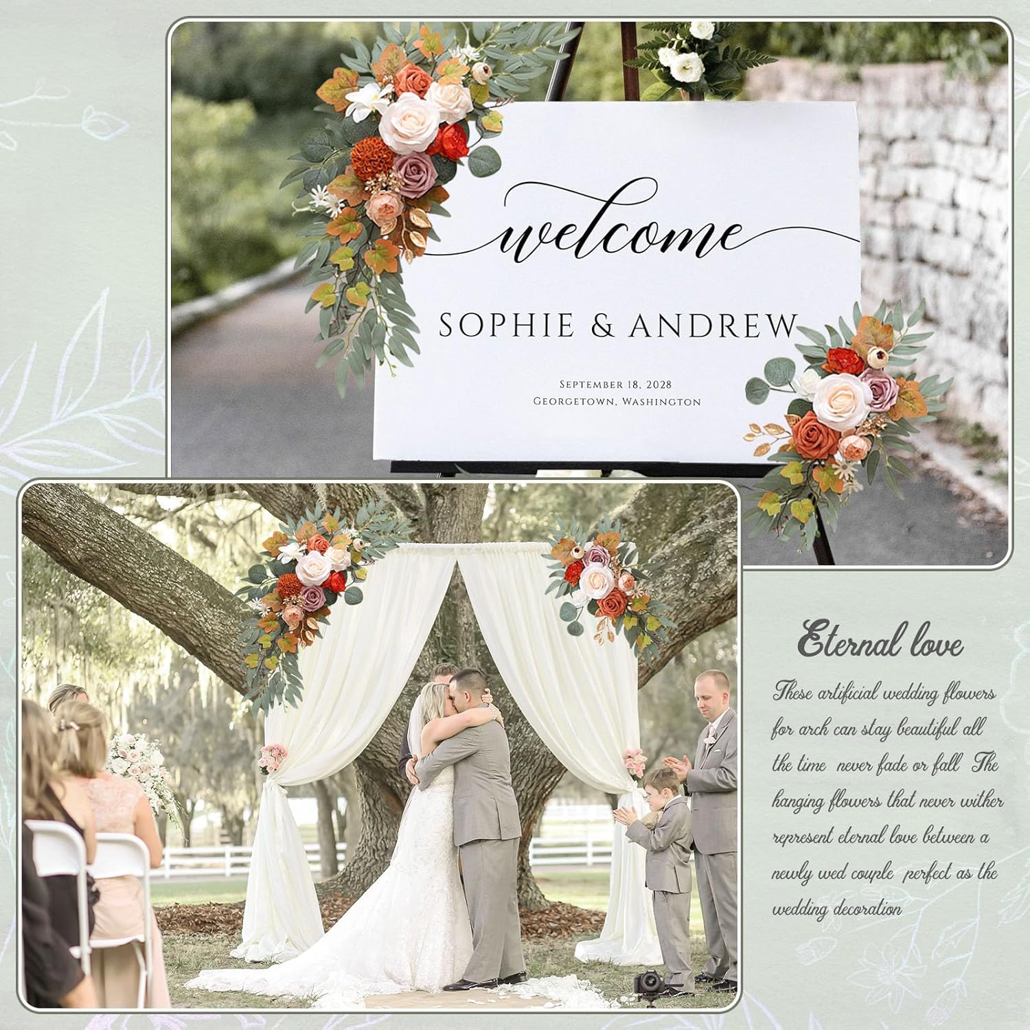 Faux Flower Swag Set Of 2, Orange Artificial Flowers Swags For Wedding Arch, Wedding Welcome Signs, Welcome Reception Ceremony Signs Decorations