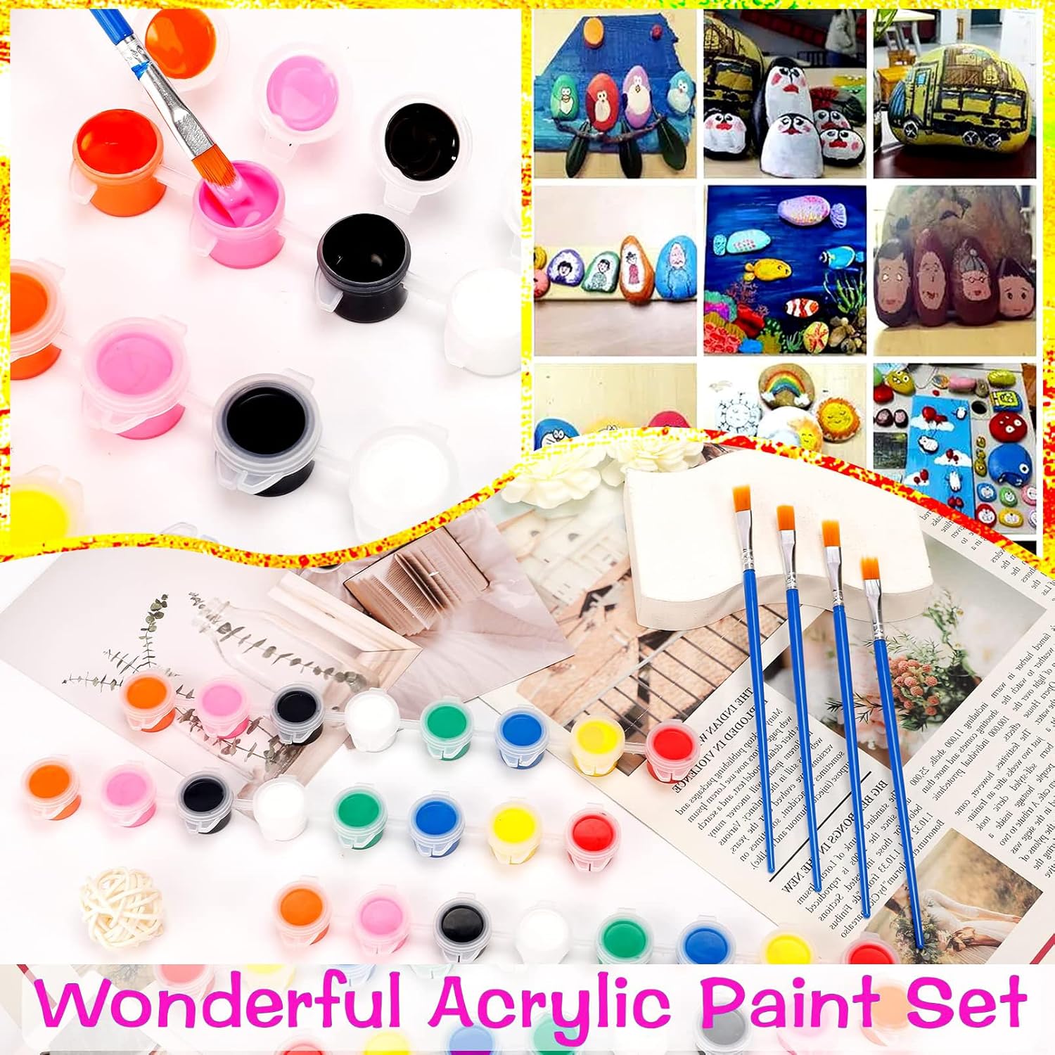 Mini Acrylic Paint Set,12 Set Washable Filled Paint Sets In 8 Colors,Acrylic Paint Strips With 23 Paint Brushes,For Art Craft Home Birthday Party Favors