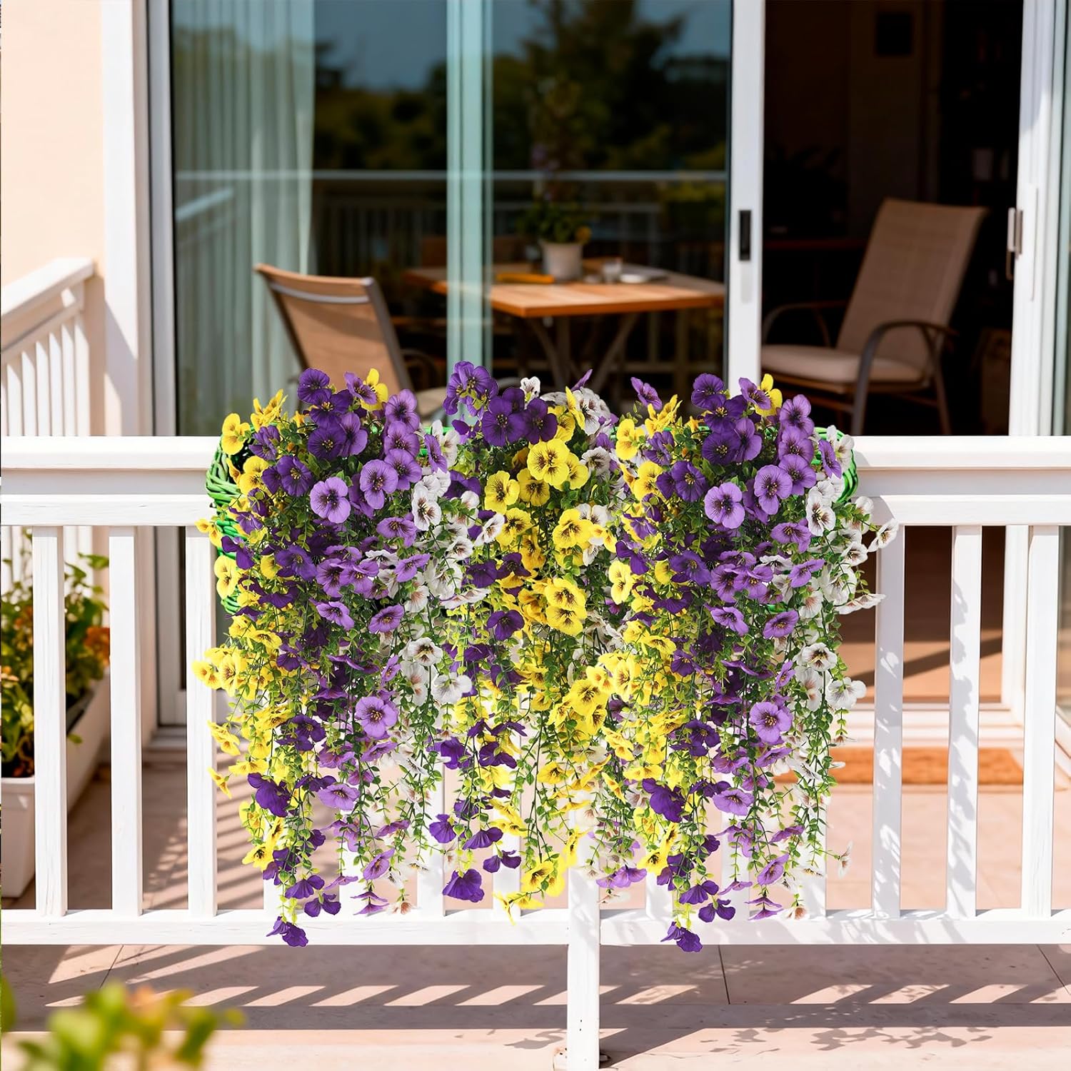 Fake Artificial Flowers For Outdoors, 4 Pcs Faux Hanging Pansy Flowers Spring Summer Decor, Uv Resistant Fake Plants Silk Flower For Planter Front Door Porch Patio Yard Garden(Purple Yellow White)