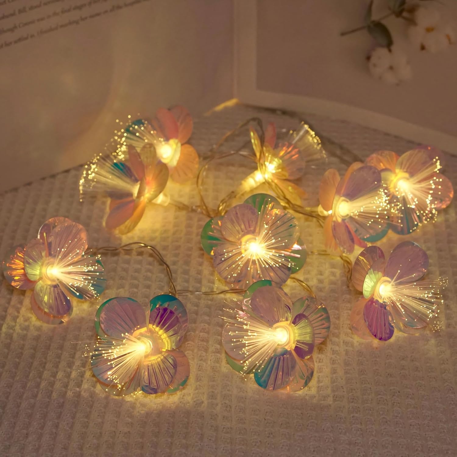 Fiber Optic Flower String Lights Battery Operated 5Ft 10 Led Artificial Flower Garland Fairy Lights For Wedding Christma