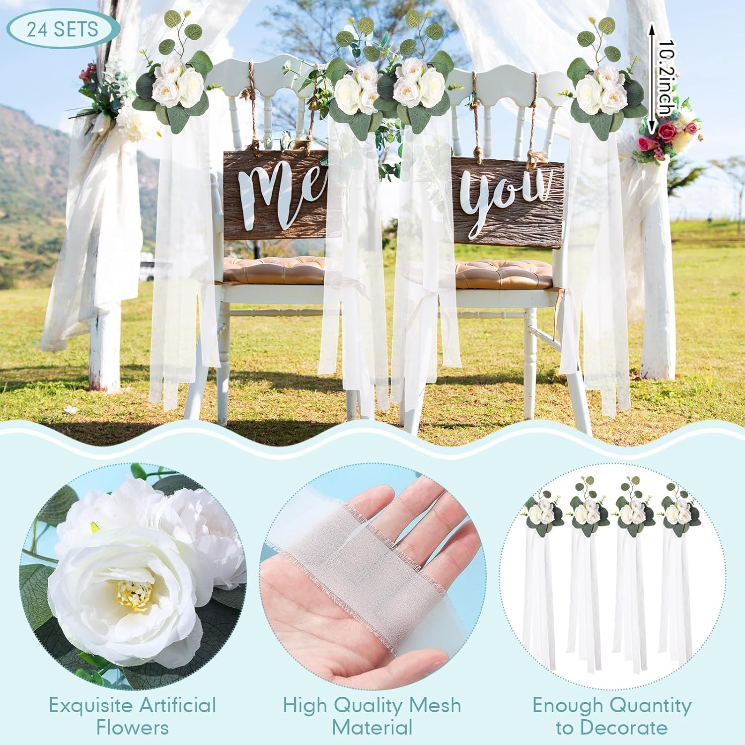 24 Sets Wedding Aisle Decorations For Wedding Ceremony Chair Artificial Roses And Eucalyptus Leaves With White Chiffon Ribbons For Reception Chair Arrangement Church Pew Flowers Decorations