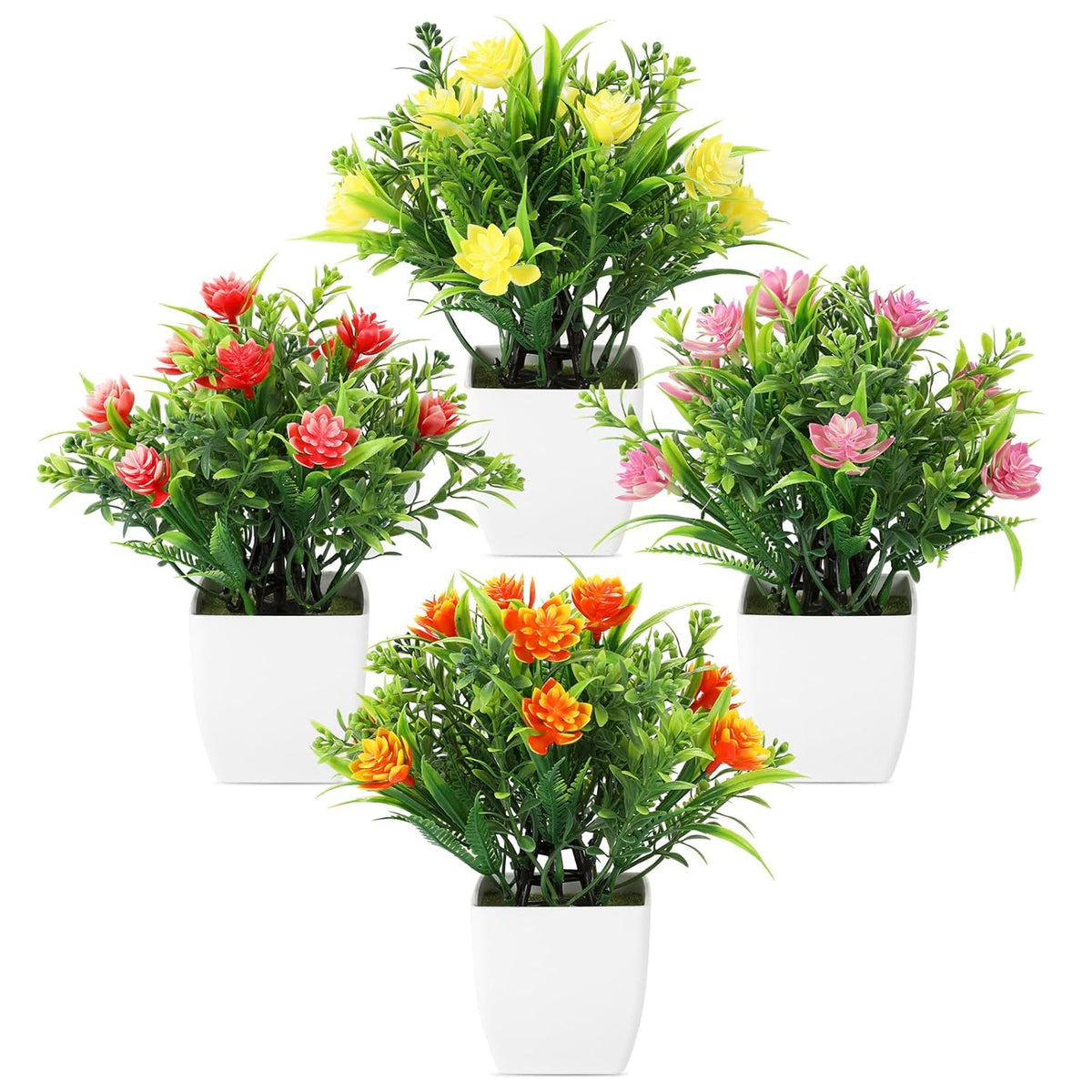 4 Pack Small Artificial Plants With Flowers - Mini Fake Potted Plants For Home Decor Indoor, Office Desk, Bathroom, Shelf, Table Decorations