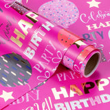 Birthday Wrapping Paper - Mini Roll - 17 Inch X 16.5 Feet - Gold Foil Hot Pink Happy Birthday Wrapping Paper For Kids, Girls, Women, Baby Shower