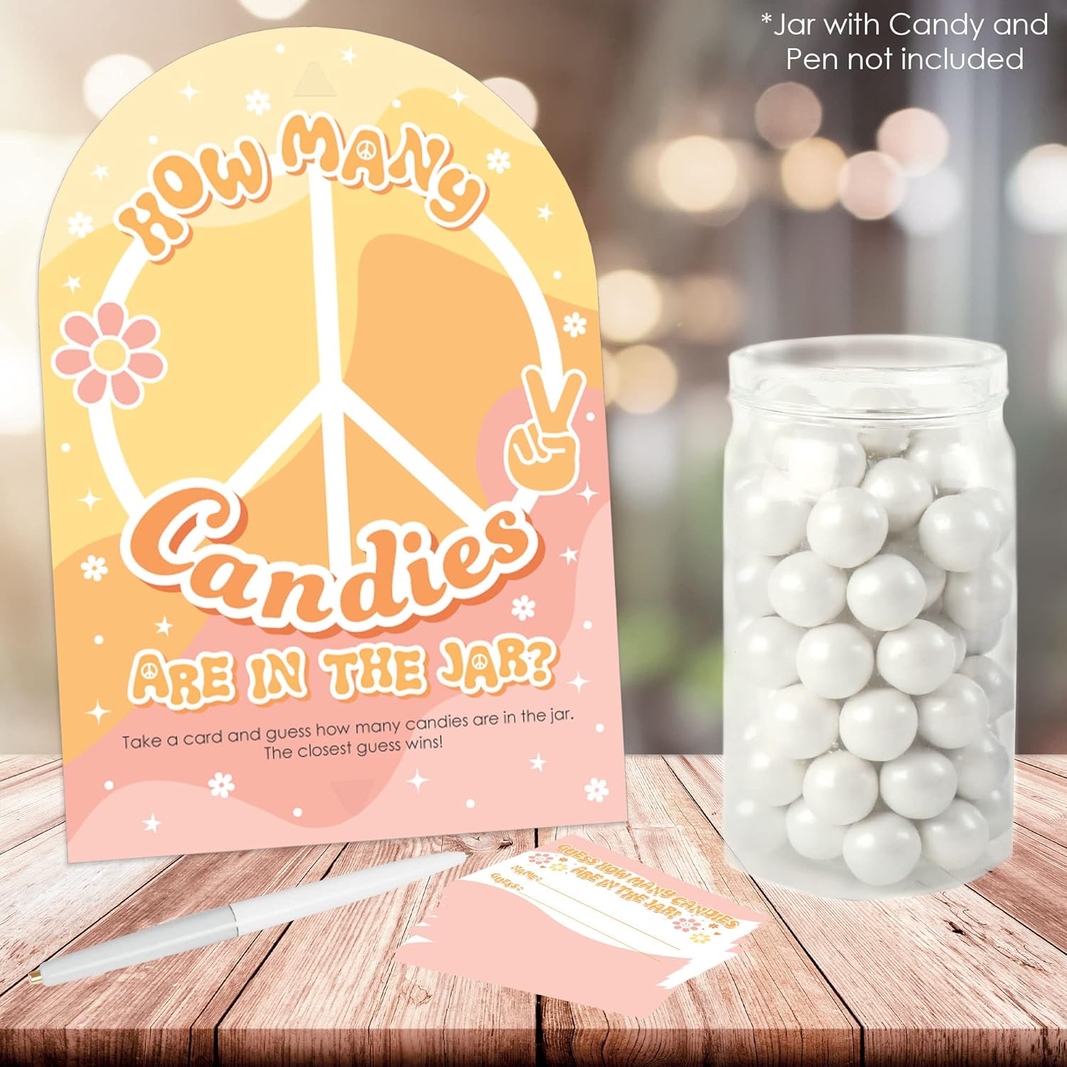 Big Dot of Happiness Stay Groovy - How Many Candies Boho Hippie Party Game - 1 Stand and 40 Cards - Candy Guessing Game