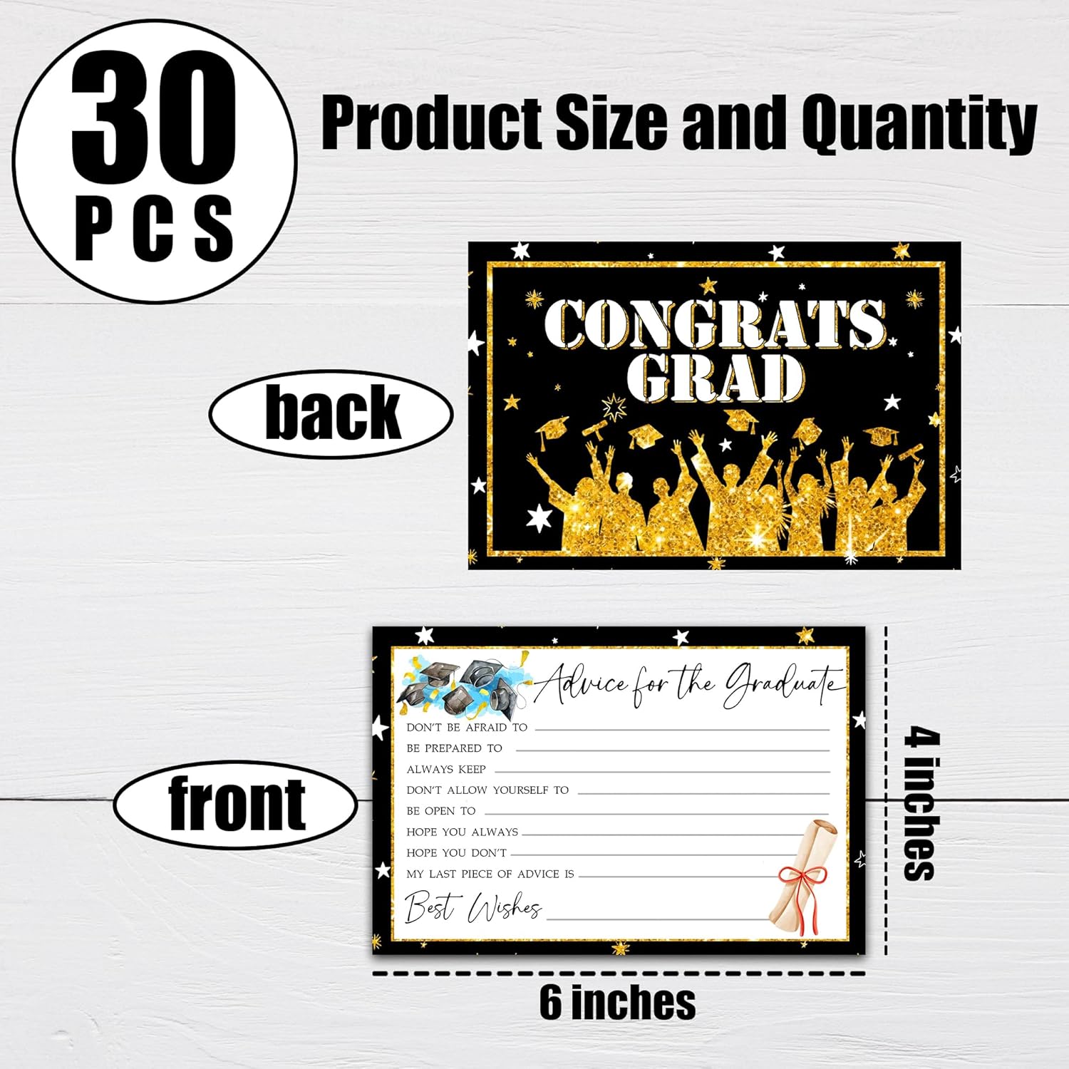 30 Graduation Party Advice Wishes Cards For Graduate Class Of 2026 - 4 X 6" Golden & Black Advice & Wish Card - High School, University Graduation Party, Grad Game Activity Supplies & Decoration - A02