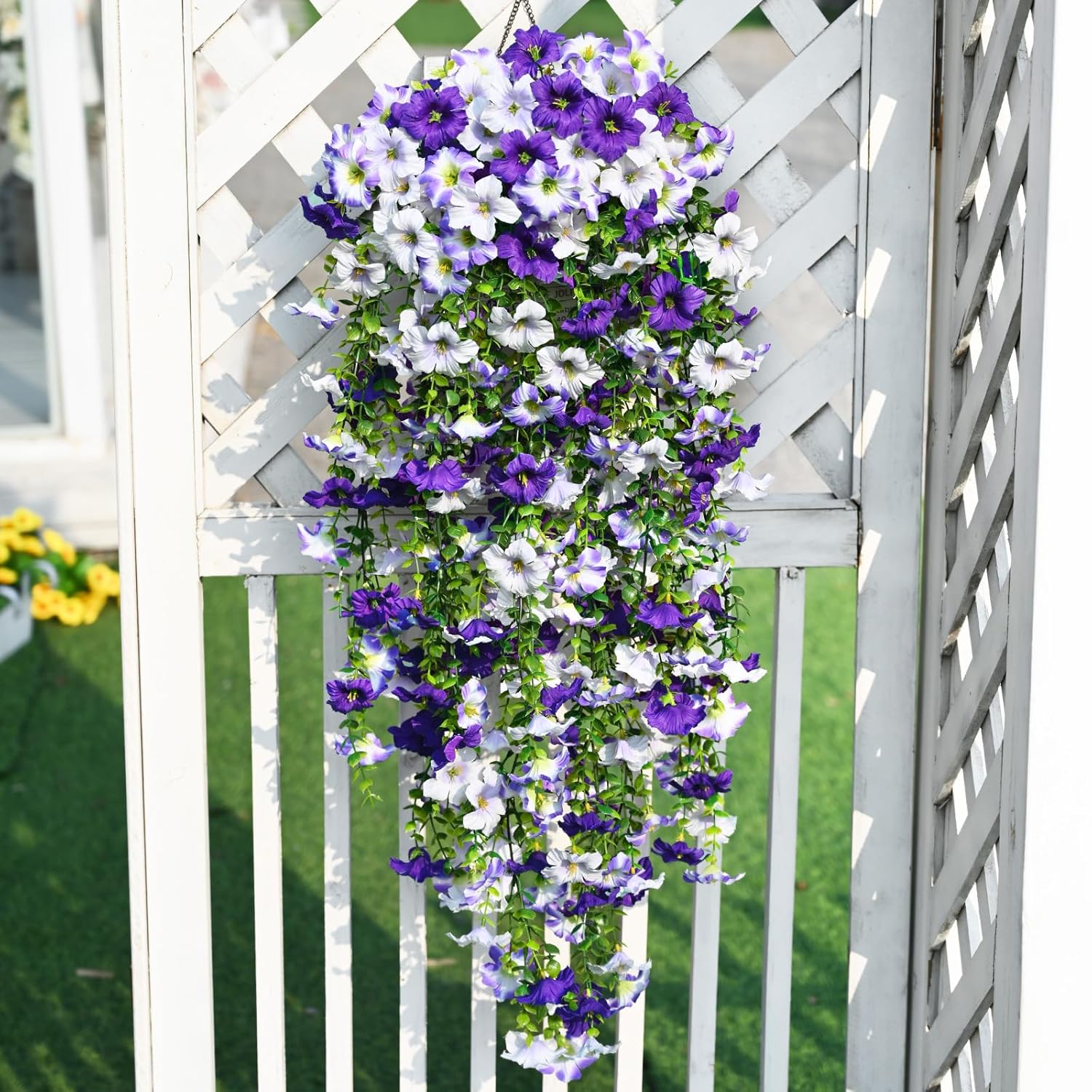 Artificial Petunias Flowers For Outdoors, 2 Pcs Uv Resistant Fake Hanging Plants Spring Outside Decor, Faux Silk Flowers Long Trailing Vines For Outdoor Planters Porch Garden (Purple White)