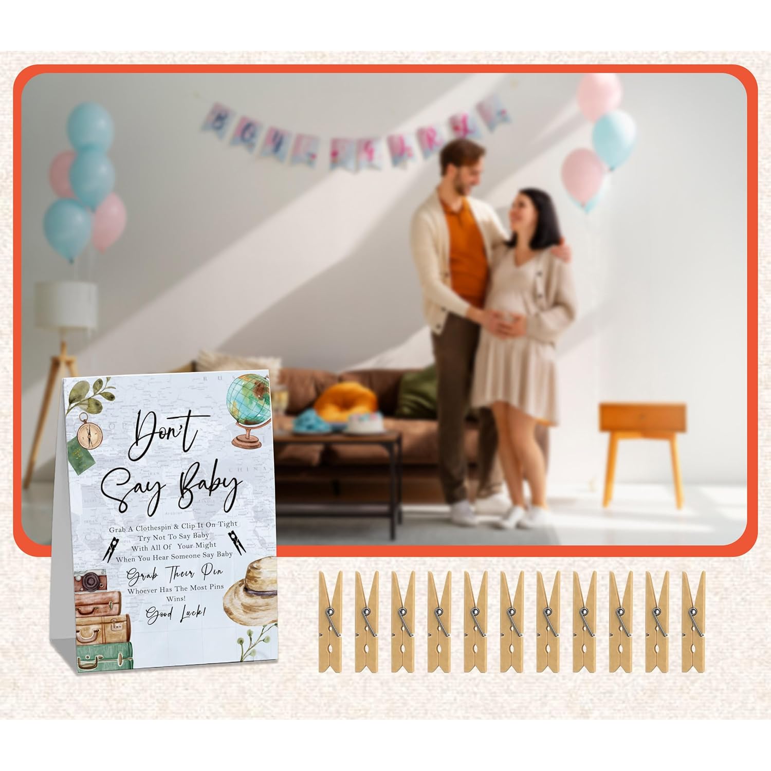 World Map Baby Shower Games, Don'T Say Baby Game For Baby Shower (One Sign With 50 Mini Clothespins), Travel Adventure Theme Baby Shower Decorations, Gender Reveal Game-Dsbb28