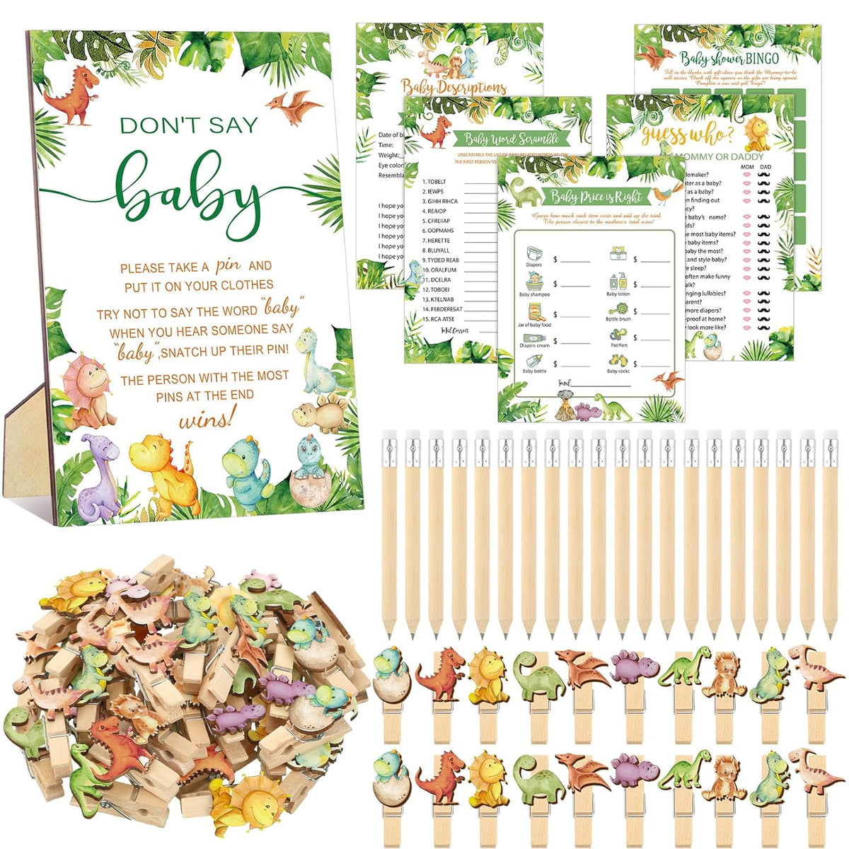 321 Pcs Dinosaur Baby Shower Decorations 5 Set Games Rawr It'S A Boy Baby Shower Party Supplies Bingo Game Don'T Say Sign Clothespin For Dino Gender Reveal Birthday Party Supplies