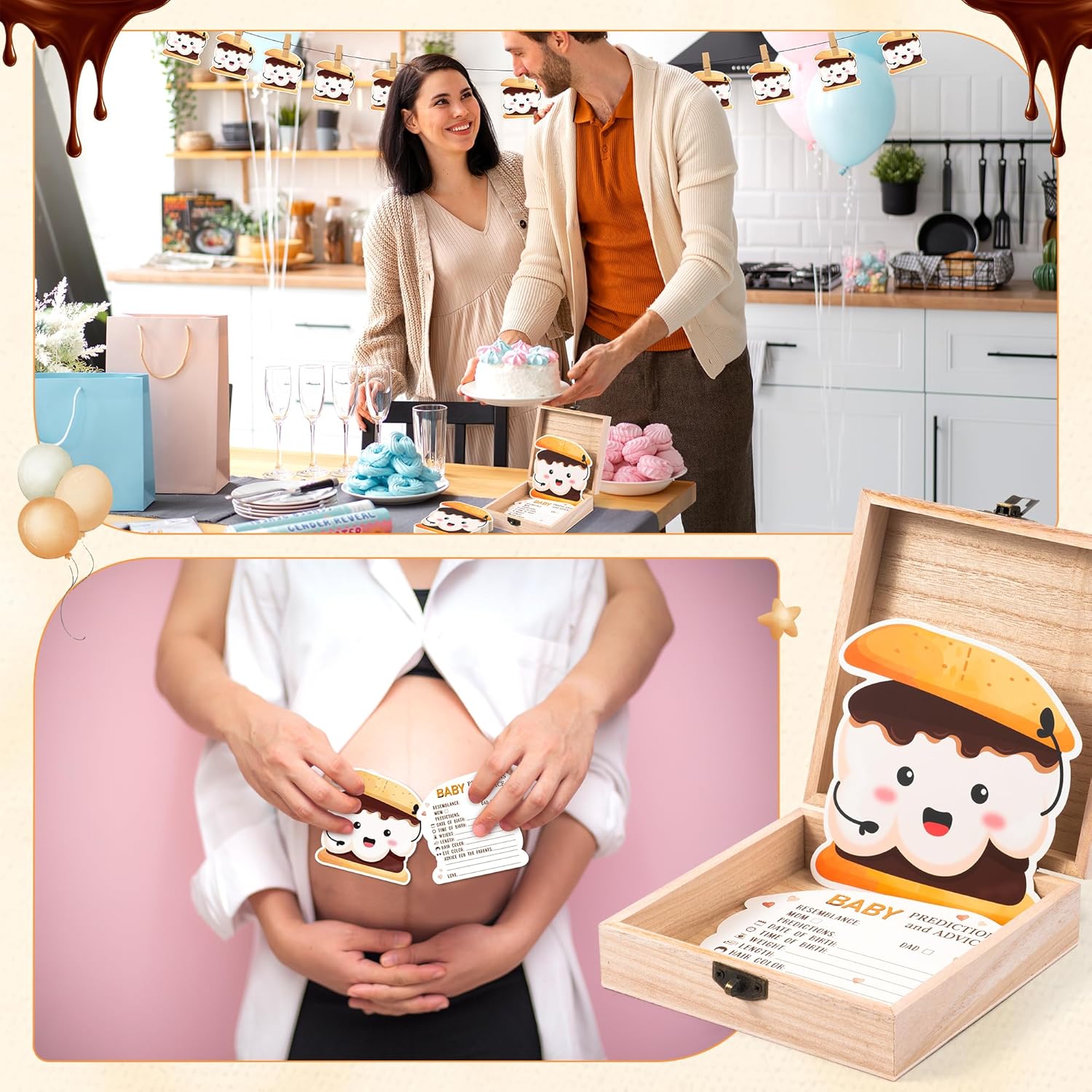 S'Mores Marshmallow Baby Shower Game - 50Pcs Cute Marshmallow Advice & Prediction Cards With Wooden Keepsake Box For New Parents Baby Shower Gender Neutral Party Decor Birthday Gift