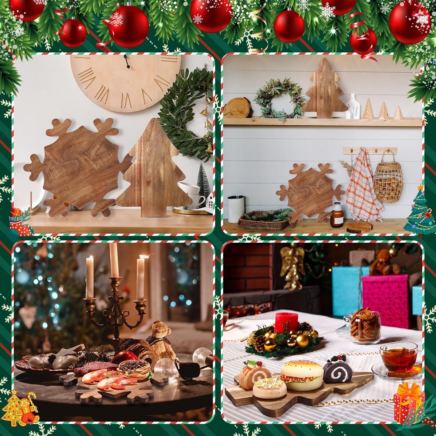 2 Pcs Christmas Charcuterie Boards Christmas Tree Wooden Cutting Board With Handle Antler Acacia Wood Cute Cutting Board For Cheese Fruit Bread Salad Vegetables Snack Dessert(Snowflake Style)
