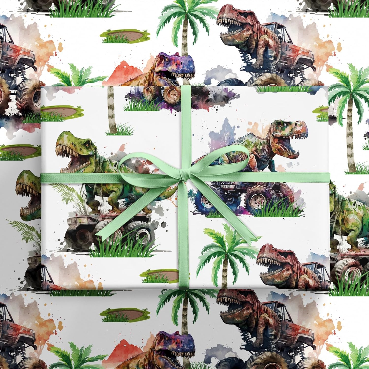 Dinosaur Wrapping Paper Roll For Kids Boys, Mini Roll, Watercolor T-Rex And Monster Truck Gift Wrap Paper For Birthday, Dino Party, Adventure Celebration, 17 Inches X 16.4 Feet