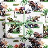 Dinosaur Wrapping Paper Roll For Kids Boys, Mini Roll, Watercolor T-Rex And Monster Truck Gift Wrap Paper For Birthday, Dino Party, Adventure Celebration, 17 Inches X 16.4 Feet