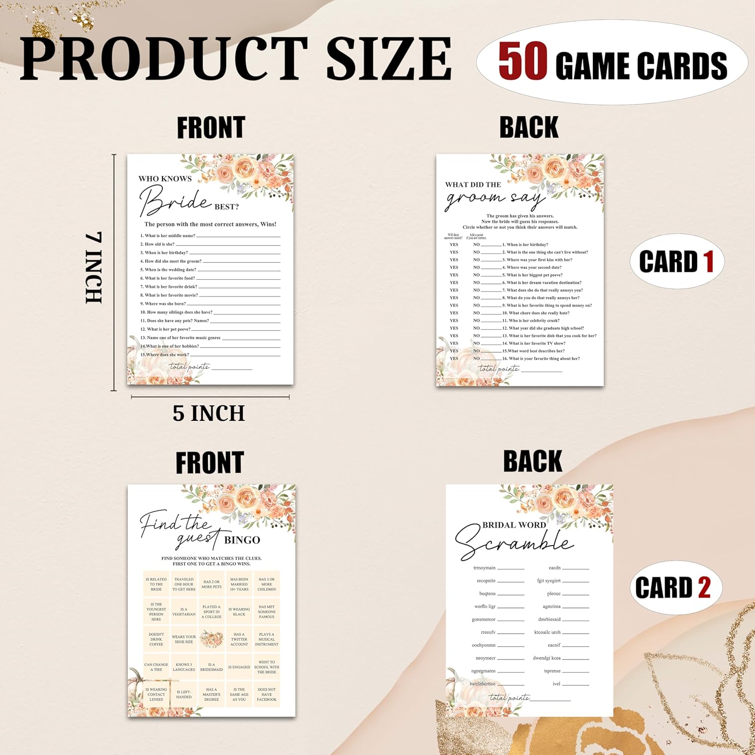 Fall Floral Bridal Shower Games - Who Knows Bride Best, What Did The Groom Say, Bridal Bingo, Word Scramble - 50 Pcs Engagement Party Favors, Autumn Wedding Game Card For Reception -02
