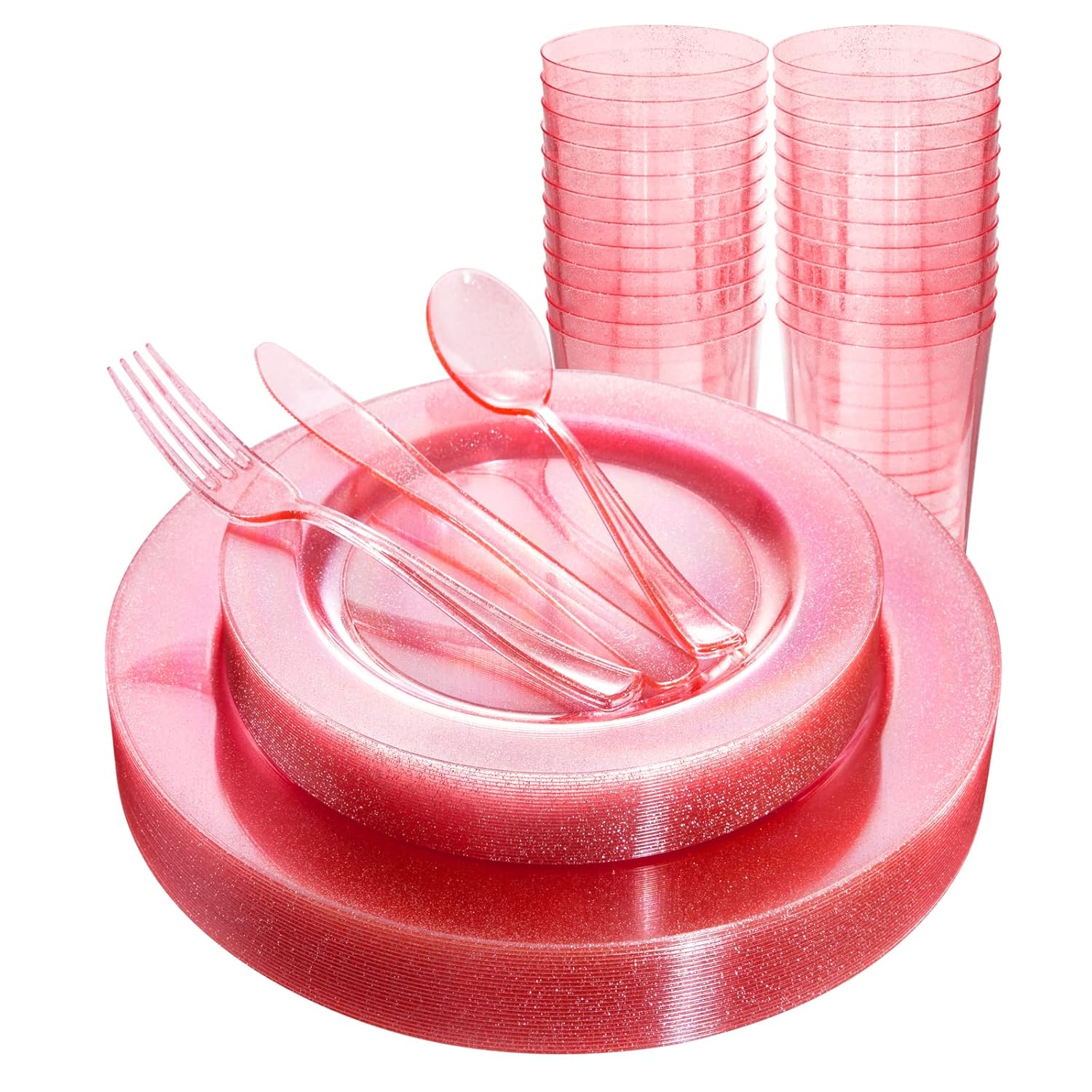 150Pcs Pink Plastic Plates,Valentine'S Day Disposable Pink Dinnerware Set Clear Pink Party Plates With Silver Glitter Design Include 25 Dinner Plates,25 Cake Plate,75 Cutlery,25 Cup For Party