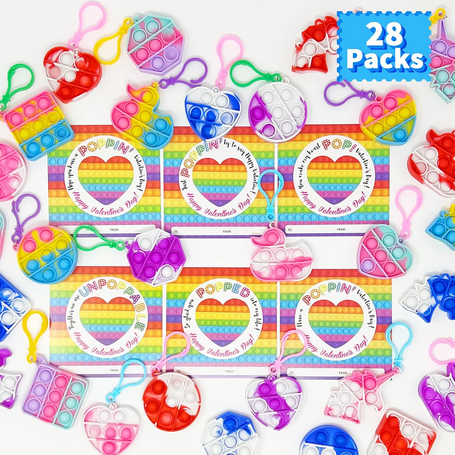 Kiddokids 28 Packs Valentines Day Gift Cards With Pop Keychains Fidget For Kids School Classroom, Pop Bubble Stress Relief Valentine’S Class Exchange Greeting Cards, Valentine Party Favors