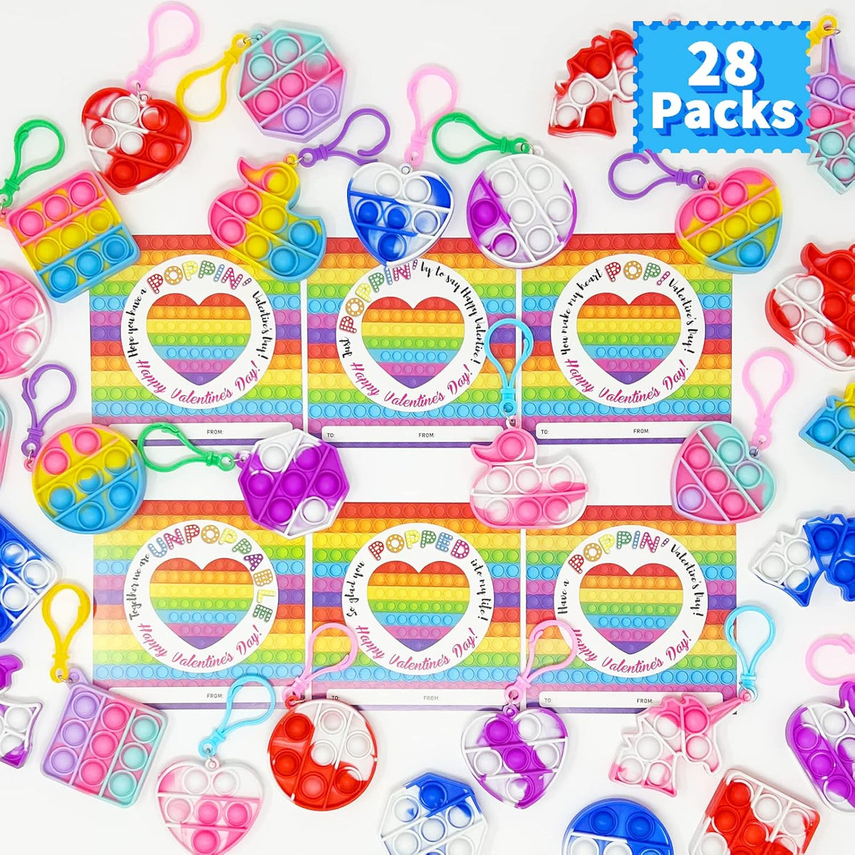Kiddokids 28 Packs Valentines Day Gift Cards With Pop Keychains Fidget For Kids School Classroom, Pop Bubble Stress Relief Valentine’S Class Exchange Greeting Cards, Valentine Party Favors