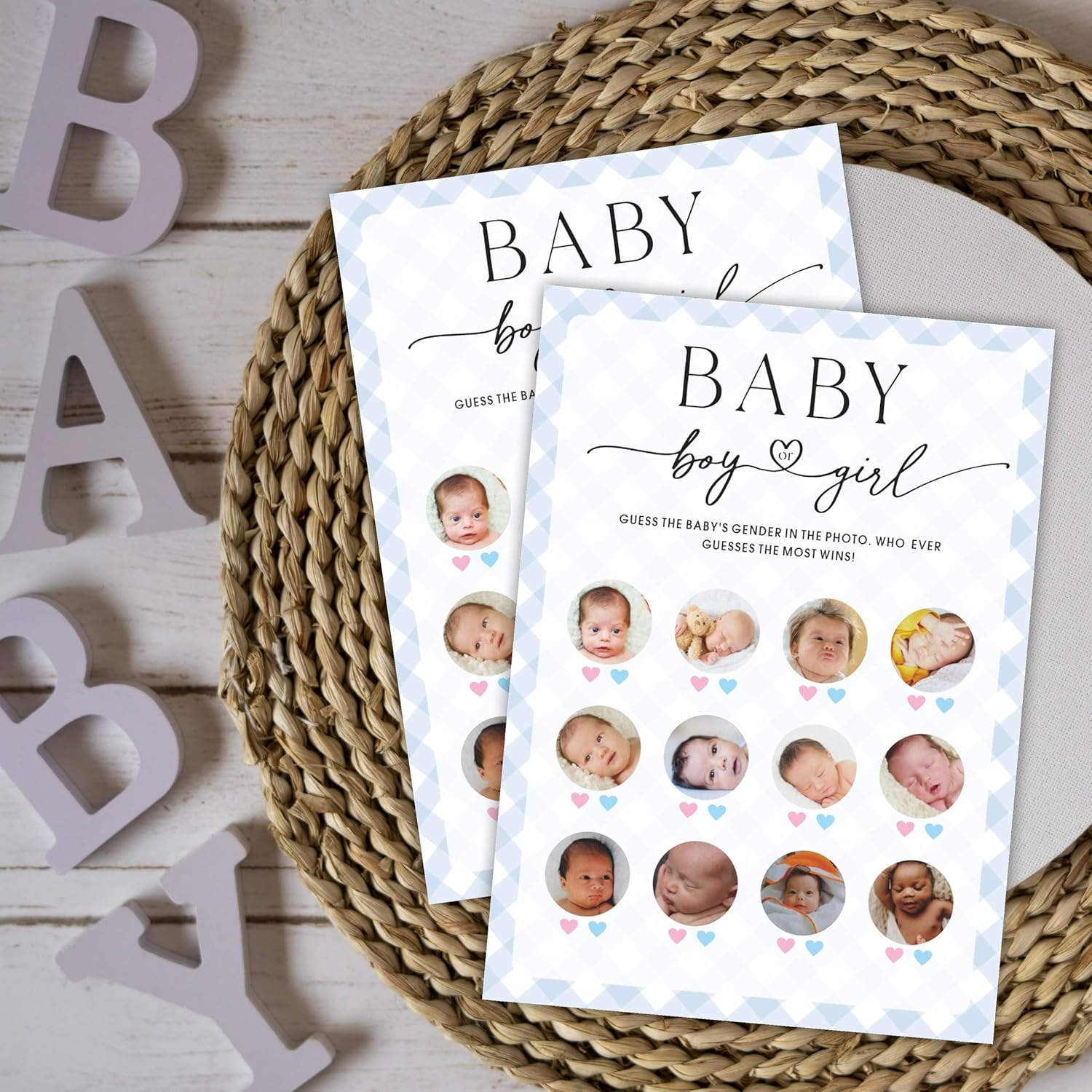Boy Or Girls Photo Guess Baby Shower Game Cards, Fun Games For Boy Or Girl, Gender Neutral Modern Minimal Design, Party Activities, 30 Game Cards + 1 Answer Card 5X7 Inches (Blue) - A08