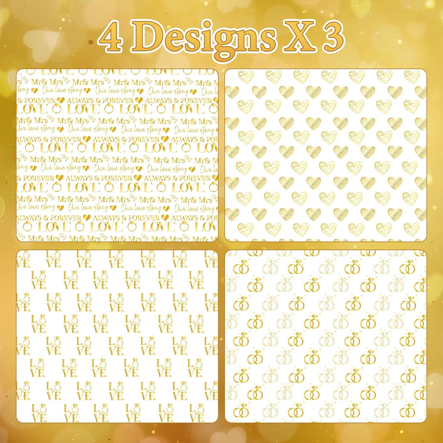 Ring Gift Wrapping Paper, 12 Sheets Engagement Ring Gift Wrap Gold Love Wrapping Paper With Mr & Mrs Design For Bridal Shower Anniversary Engagement Valentine'S Day Birthday, 19.7'' X 27.6''