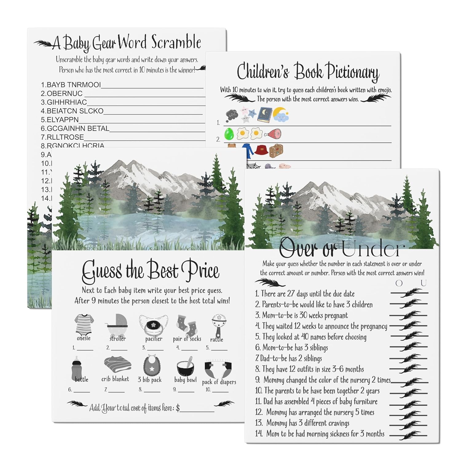 Adventure Awaits Baby Shower Games For Boys - Fun Activities Pack - 25 Each Of Word Scramble, Guess The Price, Over Under, & Storybook Pictionary - Mountain Theme, Double-Sided Cards