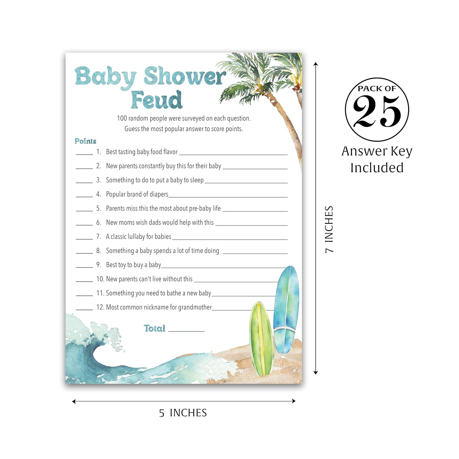 Surf Beach Theme Baby Shower Feud Game — Pack Of 25 — Fun Shower Family Feud Games, Baby On Board Baby Shower Activity, Gender Neutral Couples Shower Fued Games G940-Bsf