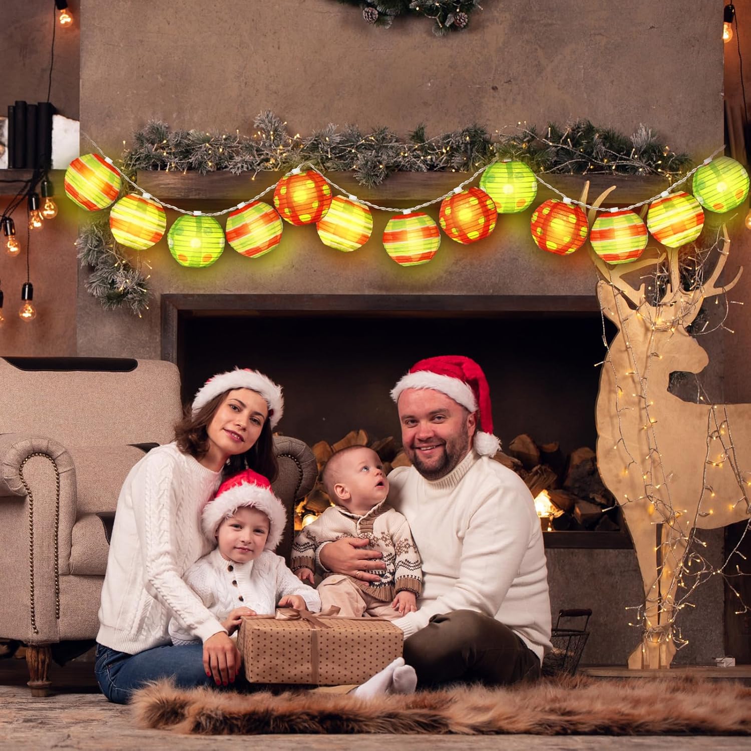 10 Pcs Christmas Paper Lanterns Red And Green Led Paper Lantern String 8.2 Ft Christmas Hanging Ornament For Xmas Tree D