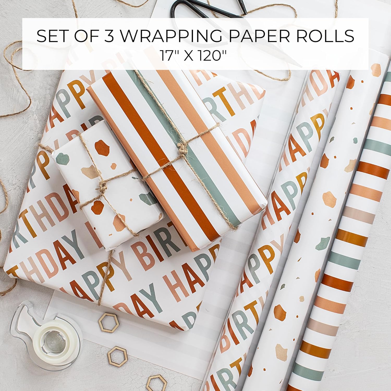 Beautiful Birthday Wrapping Paper - Set Of 3 Quality Happy Birthday Paper Rolls For Medium Sized Gifts - Add A Touch Of Magic To Every Gift You Wrap - 17 In X 120 In Per Roll For Boys And Girls