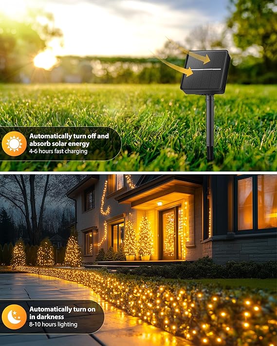 2 Pack 92FT Solar String Lights 240 LED Warm White Waterproof Patio Garden Lights