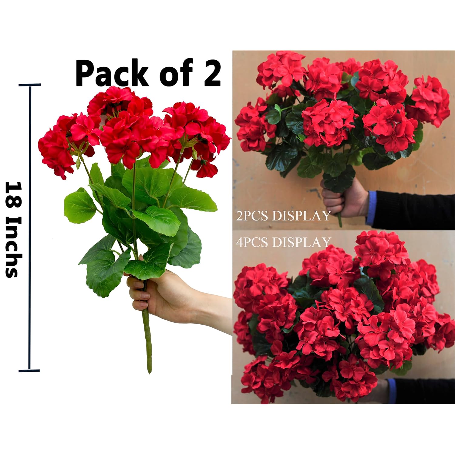 2Pcs 18'' Artificial Geraniums Silk Flowers Plants Home Outdoor Decor Garden Ruby Red