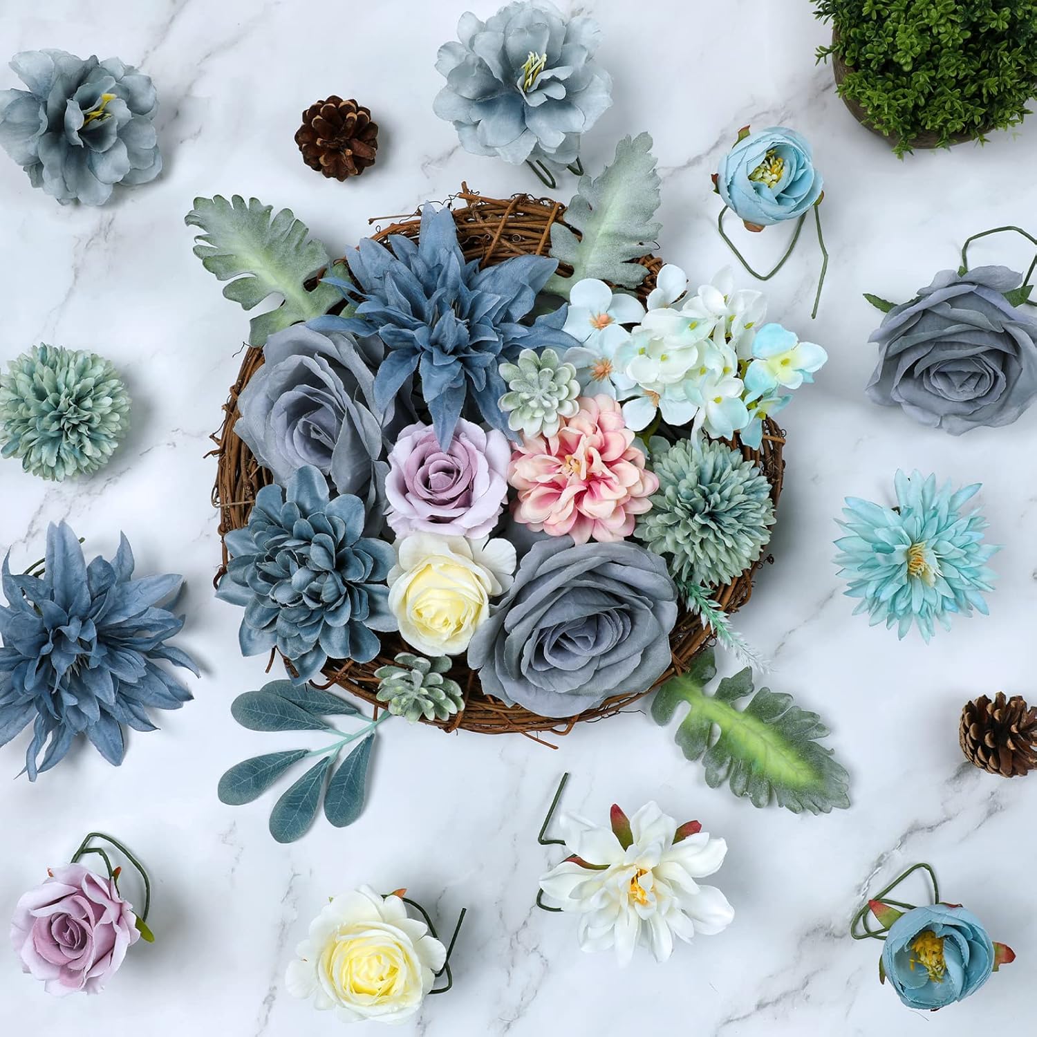 Blue Artificial Flowers Combo Silk Mix Peony Rose Hydrangea Fake Flowers W/Stem For Diy Wedding Bouquets Centerpieces Arrangements Table Decor Party Bridal Baby Shower Home Decorations