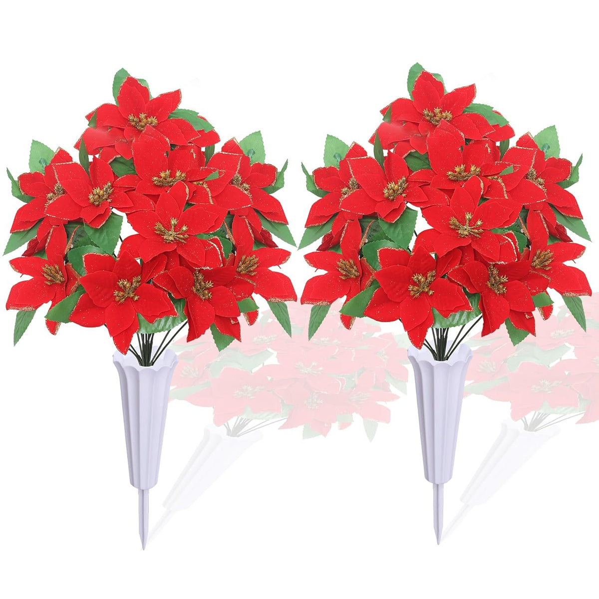 Artificial Cemetery Flowers For Grave,2 Sets Christmas Artificial Cemetery Flowers With Vase For Grave Christmas Bouquet,Outdoor Grave Decorations (Red)
