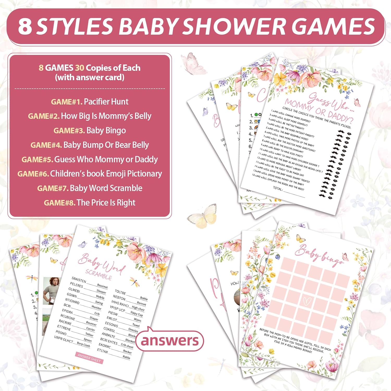 Baby Shower Games For Girl Wildflowers, How Big Is Mommy'S Belly, Bingo Game, Bump Or Beer Belly, Guess Who Mommy Or Daddy Children'S Book Emoji Pictionary, Word Scramble, Price Is Right