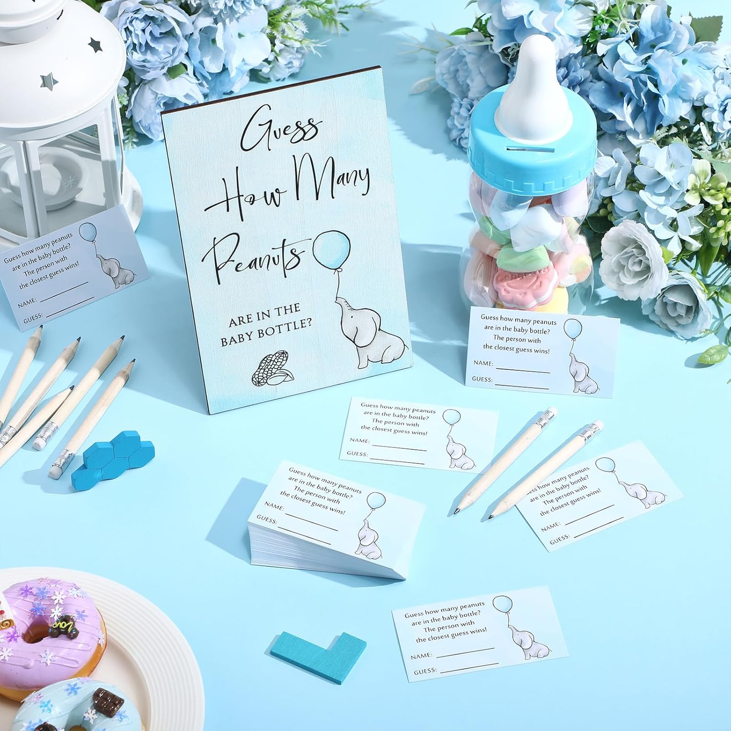 122 Pcs Guess How Many Baby Shower Game Set 100 Guessing Cards 20 Pencils 1 Plastic Baby Candy Bottle 1 Elephant Wood Standing Sign Decorations For Gender Reveal Party Favors