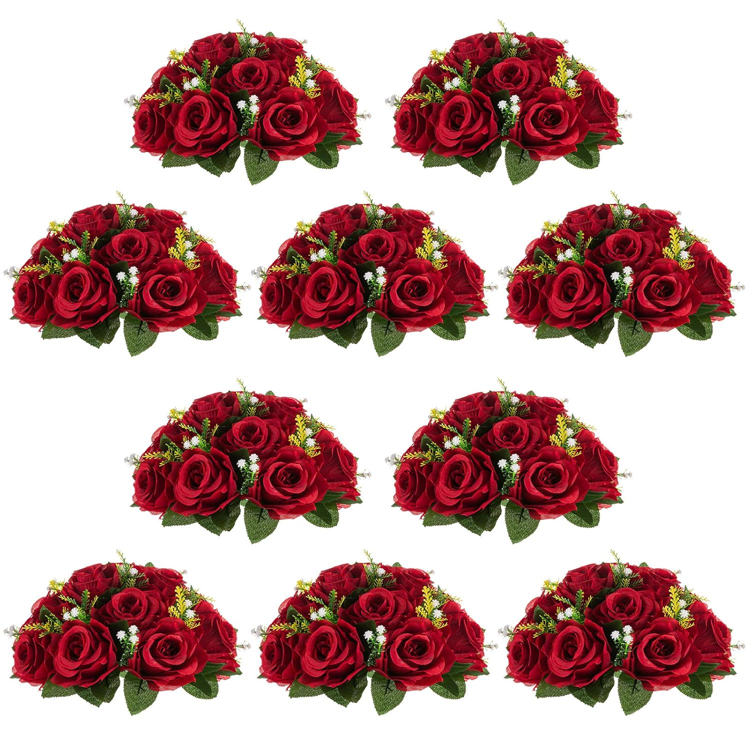 Flower Wedding Centrepieces For Tables - 10 Pcs 9.5In Diameter Crimson Artificial Flowers Rose Ball For Centerpieces Table - Fake Rose Arrangements For Weddings Birthday Party Decor