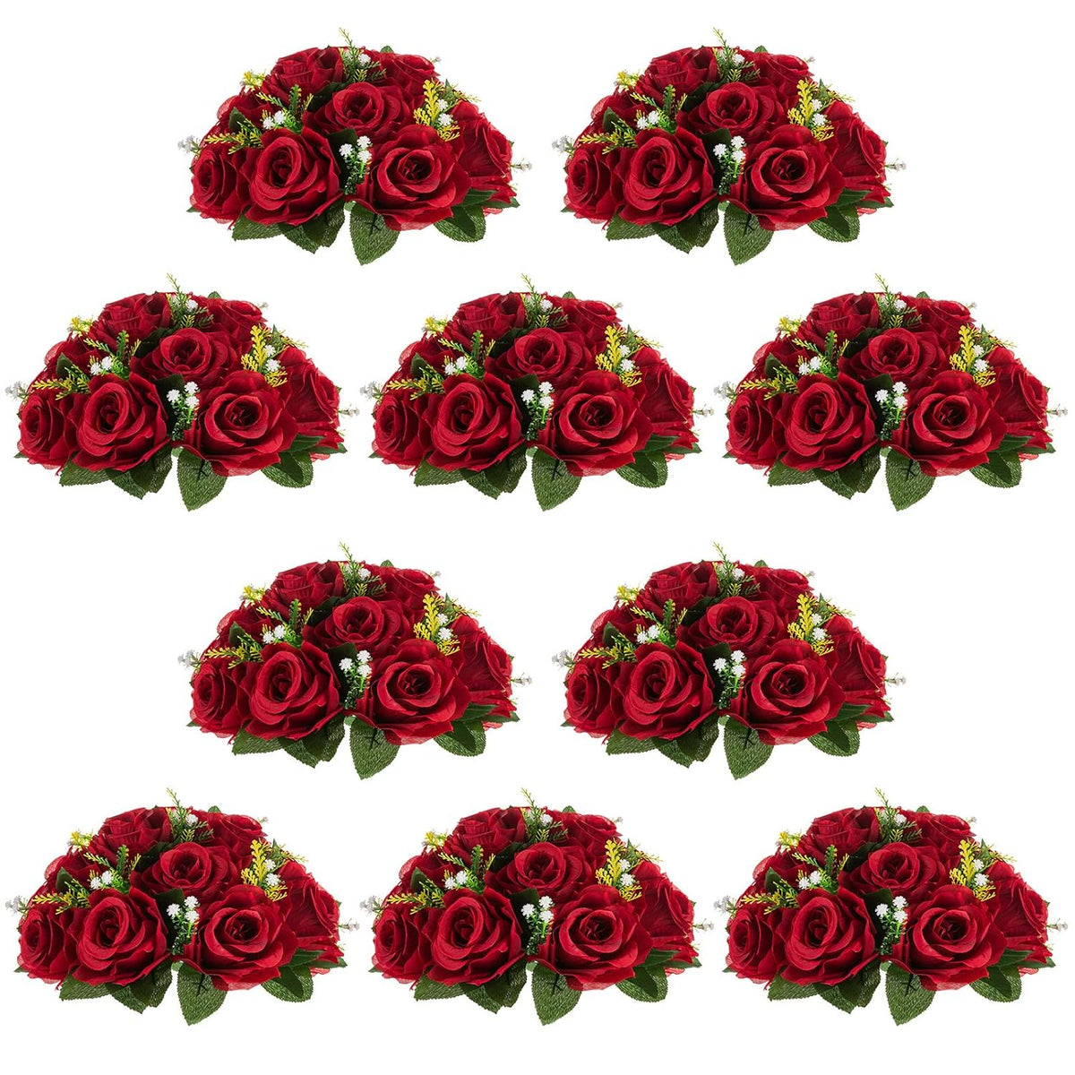 Flower Wedding Centrepieces For Tables - 10 Pcs 9.5In Diameter Crimson Artificial Flowers Rose Ball For Centerpieces Table - Fake Rose Arrangements For Weddings Birthday Party Decor