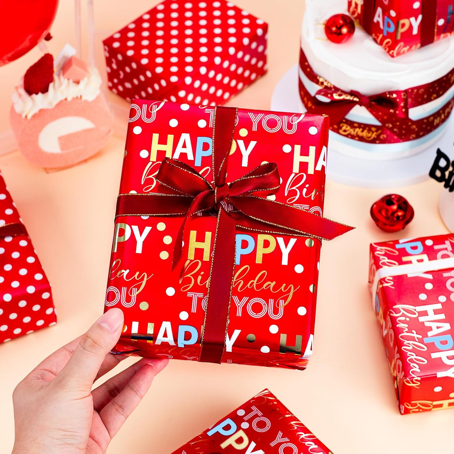 Reversible Red Birthday Wrapping Paper Roll - 17 Inch X 33 Feet - Glitter Happy Birthday Lettering Metallic Foil Paper Boy Gift Wrap W/Polka Dot For Party Father'S Day Halloween'S Day