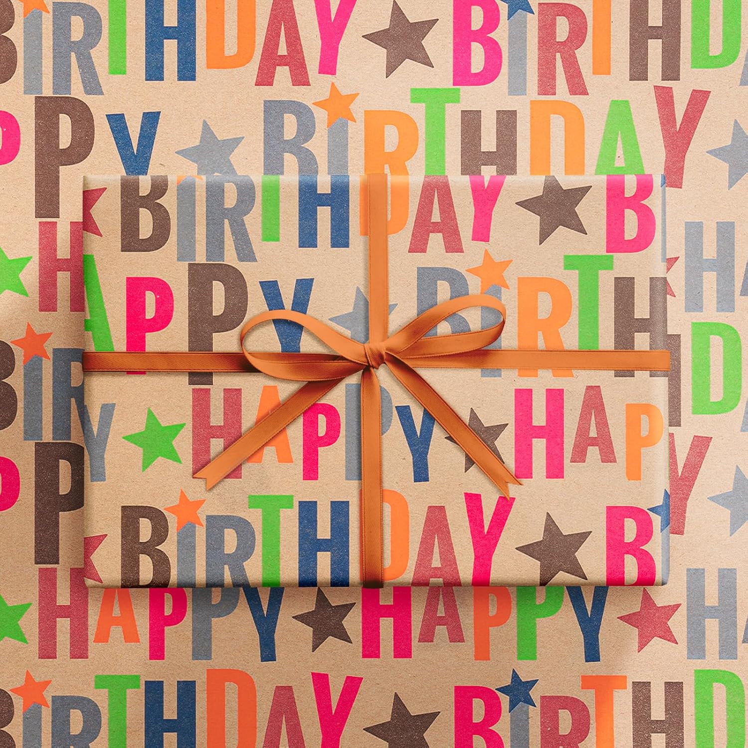 30" X 32.8' Birthday Wrapping Paper Large Kraft Paper Roll For Boys Girls, Jumbo Roll, Colorful Text Happy Birthday And Stars Design Craft Gift Wrap Great For Party, Holiday, 82 Sq. Ft.