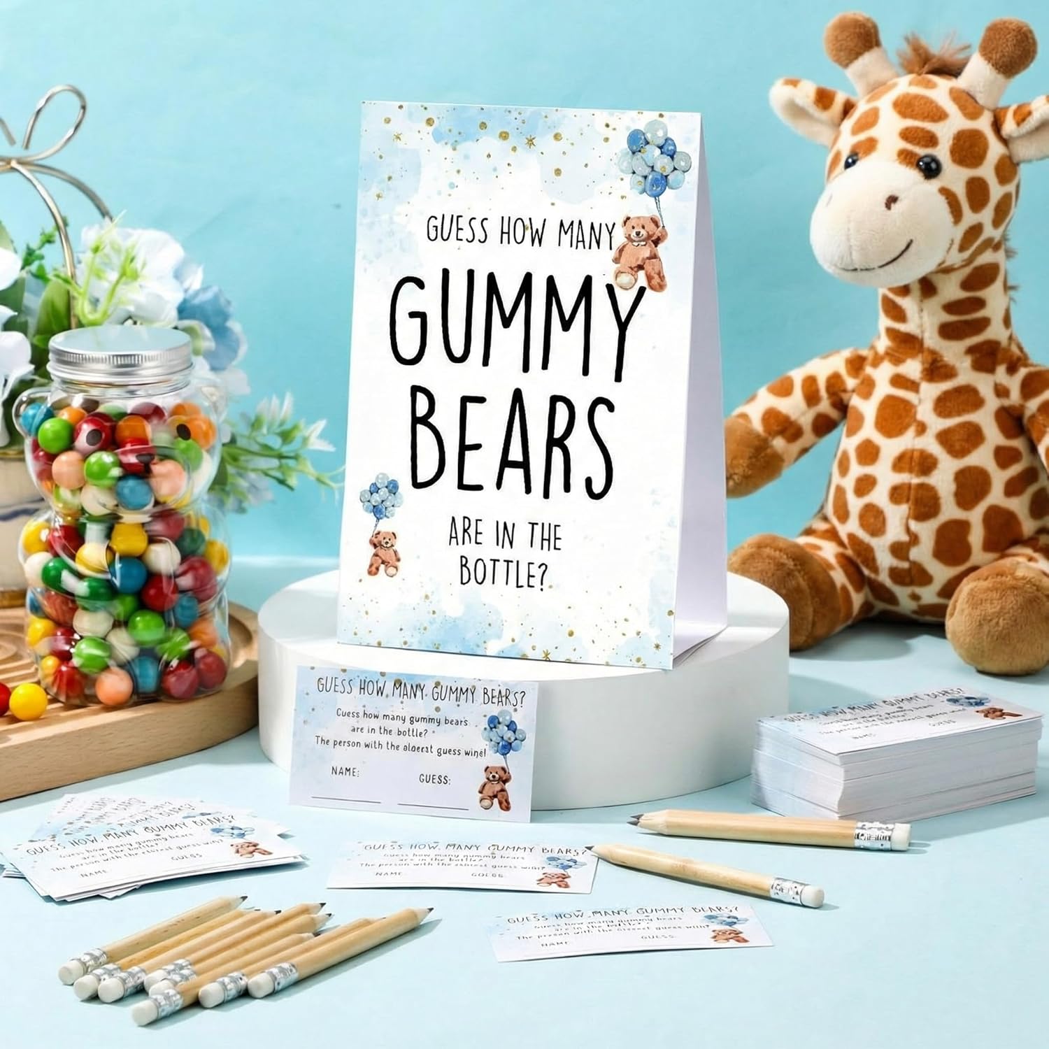 Baby Shower Games Guess How Many Bears Sign 100 Guessing Game Cards 10 Hb Pencils 1 Cute Bear Bottle For Guests Gender Reveal Party Favor(Blue)