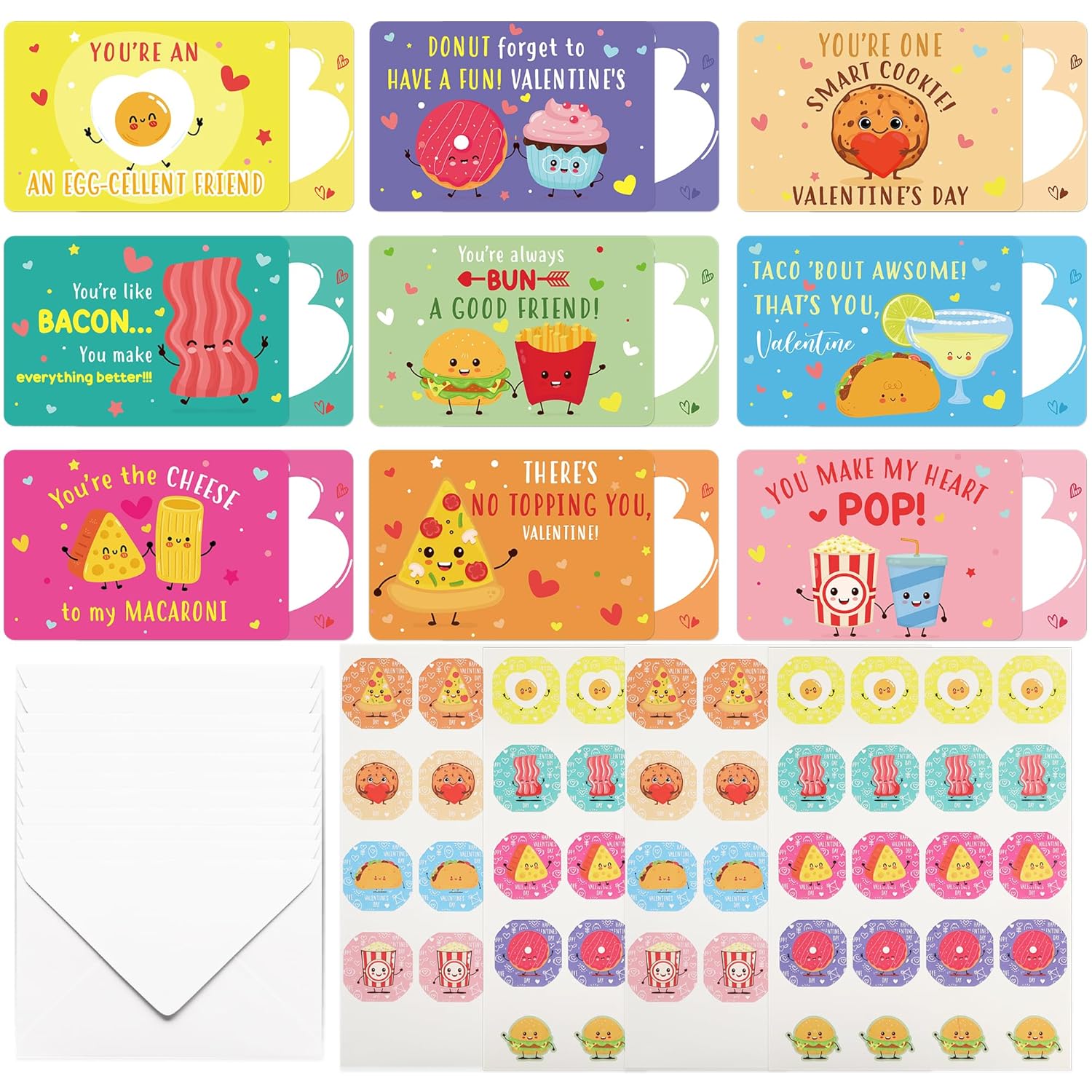 Valentines Day Cards For Kids Classroom, 36 Pcs Funny Food Exchange School Set With Stickers, Cute Snack Dessert Valentine Day Card Gifts For Kids Class Party Supplies