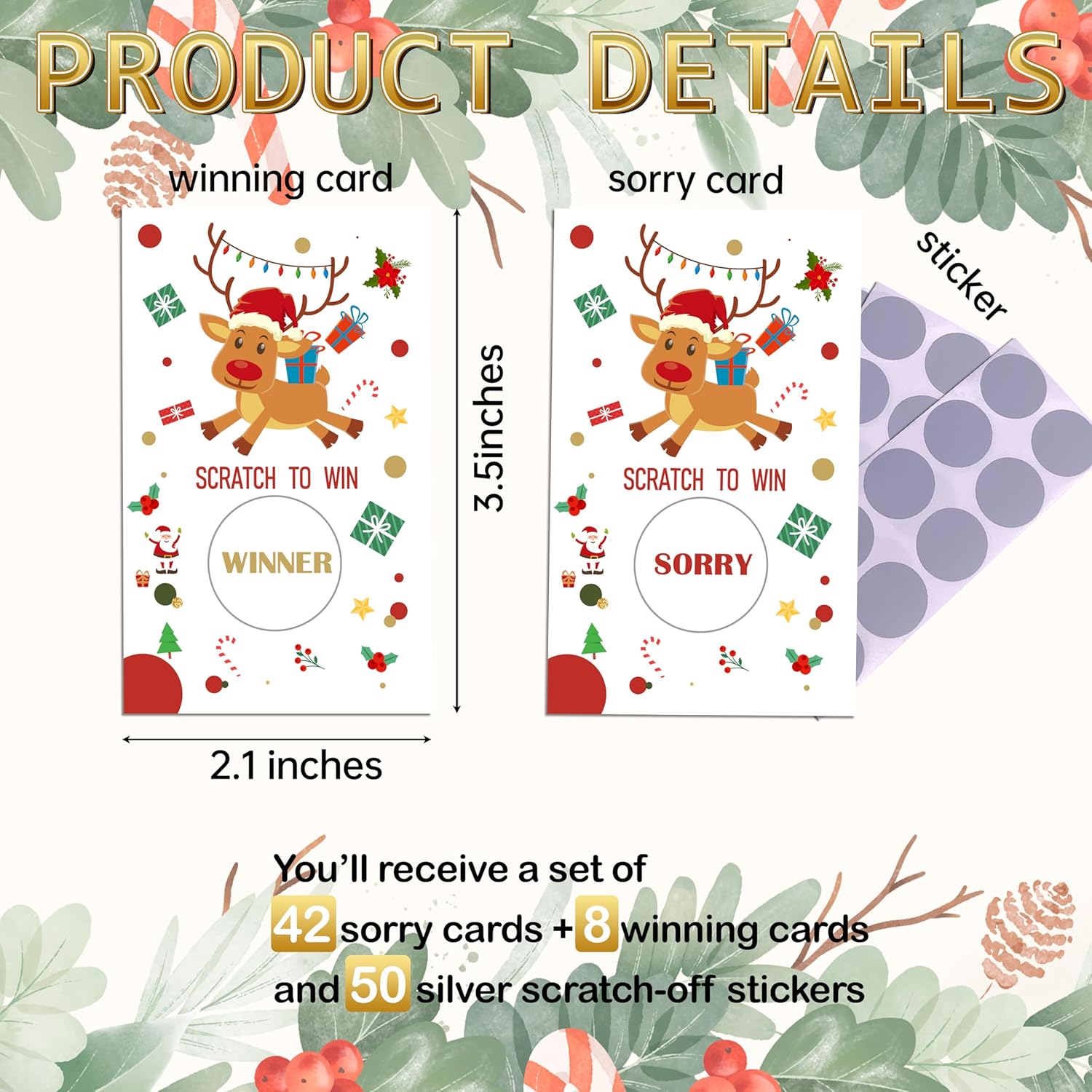 Christmas Scratch Off Game Cards, Christmas Party Game Cards, Reindeer Festive Raffle Games Prizes For Adults Groups, 50 Pcs Xmas Winter Holiday Activities Supplies Decorations -A04