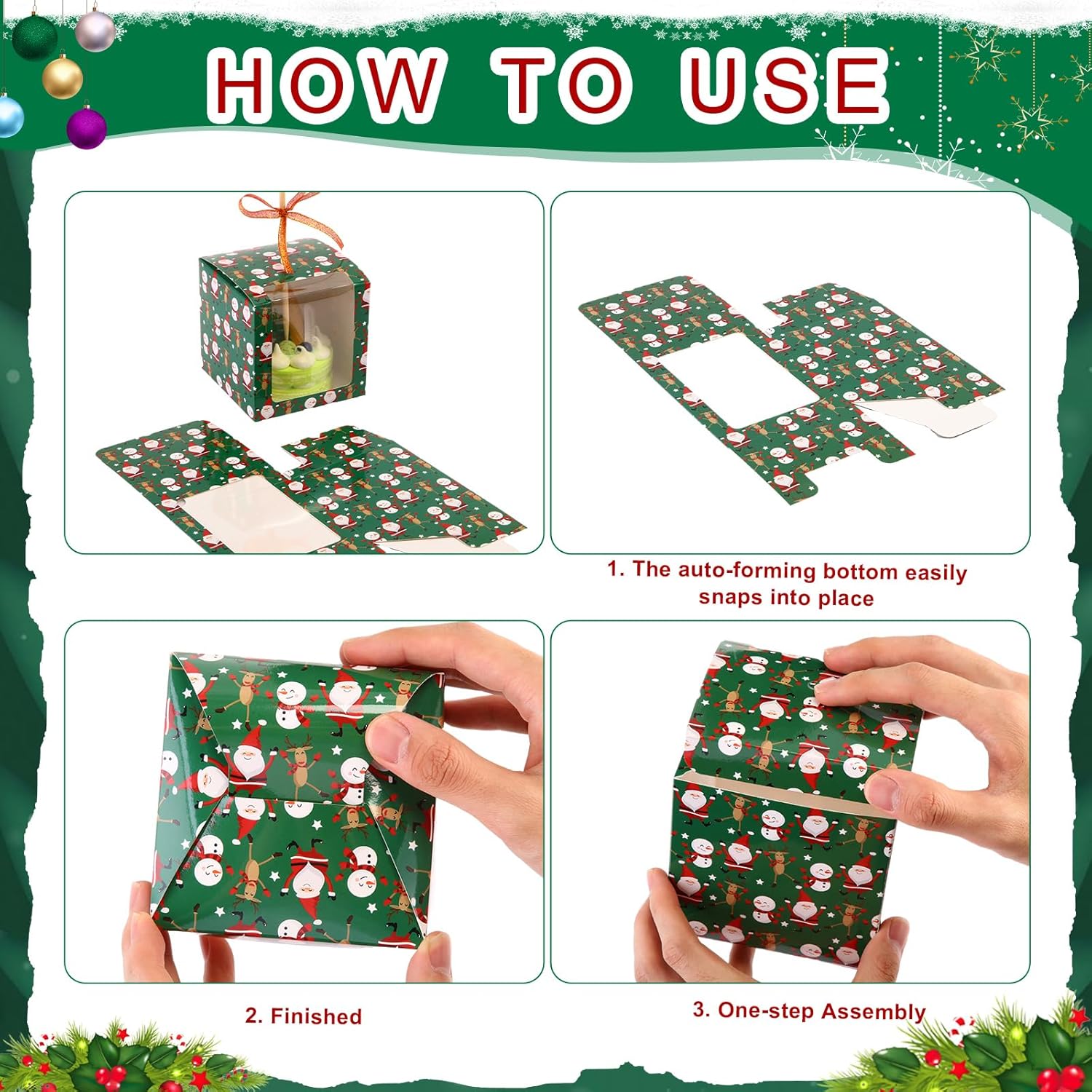 64 Pcs Cupcake Boxes With Window, Apple & Cookie Gift Boxes, 60 Bamboo Skewers, 2 Roll Glitter Ribbons For Christmas Party Favor