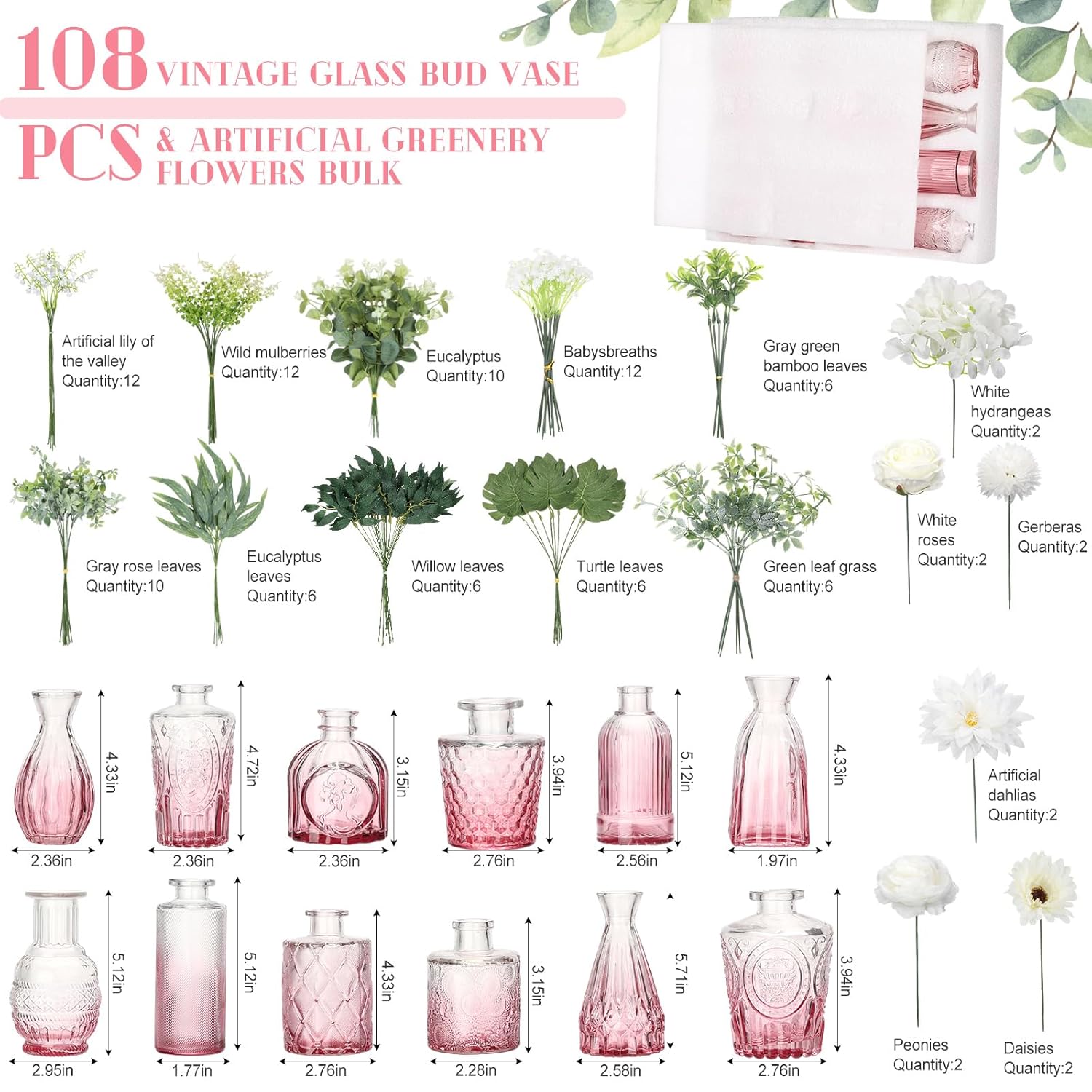108 Pcs Artificial Flowers In Vase 96 Pcs Faux Greenery Stem Table Centerpiece Fake Plants Silk Roses Arrangement 12 Pcs Glass Vase Sets For Wedding Bathroom Home Dining Decor(White Pink)