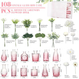 108 Pcs Artificial Flowers In Vase 96 Pcs Faux Greenery Stem Table Centerpiece Fake Plants Silk Roses Arrangement 12 Pcs Glass Vase Sets For Wedding Bathroom Home Dining Decor(White Pink)