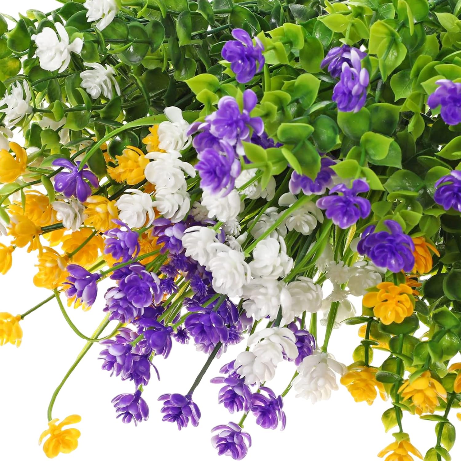 36 Bundles Artificial Flowers Outdoor, Uv Resistant Faux Artificial Plants Shrubs Flower Bulk For Hanging Planter Porch Window Home Wedding Spring Summer Decor (Yellow,Purple,White)