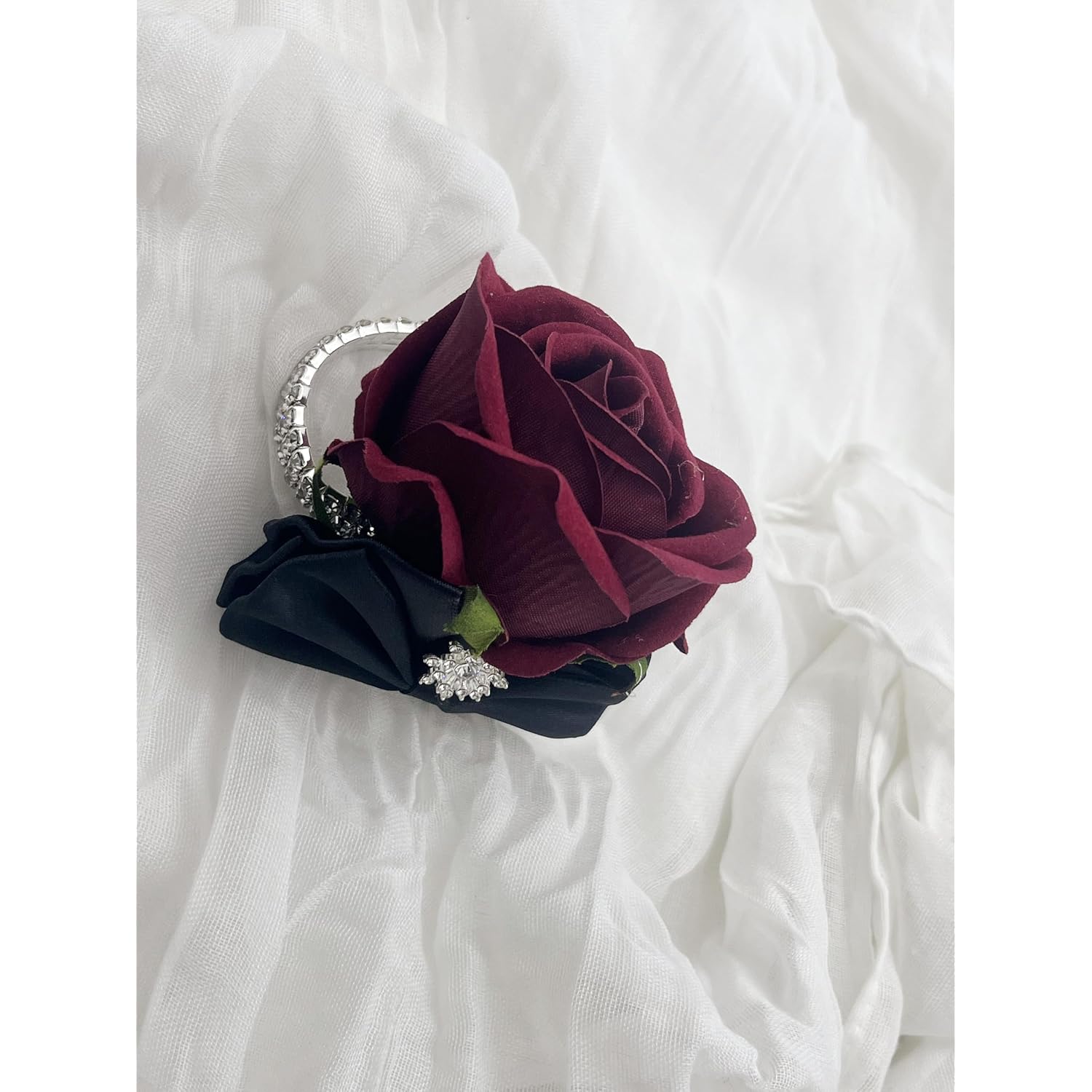 Ting & Cecilly Burgundy Rose Wrist Corsage Boutonniere Set Artificial Flower With Black Satin Ribbon Rhinestone Decor Handmade Silk Flower For Prom Wedding Party Suit Decor (Burgundy)