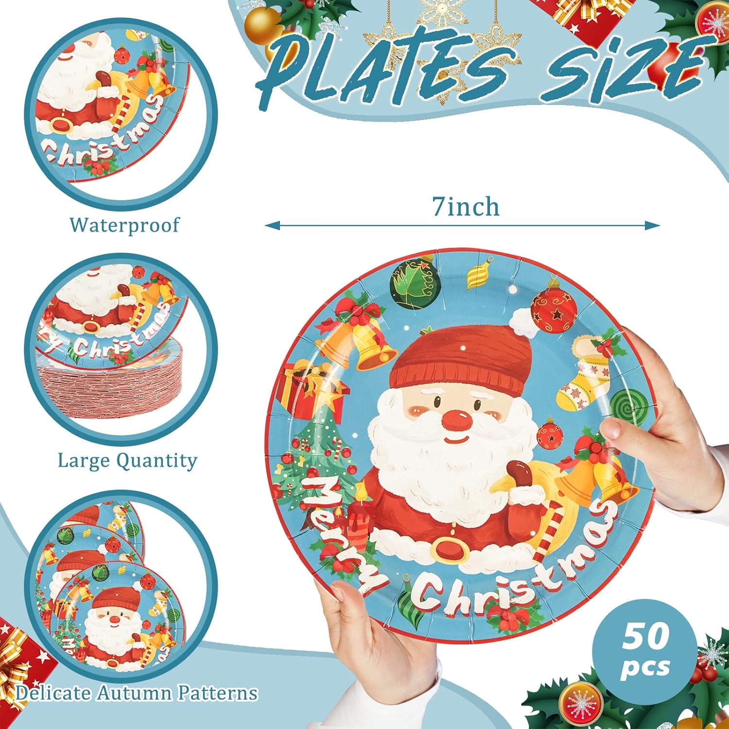 50Pcs Merry Christmas Paper Plates - 7Inch Blue Dessert Plates For Cake Fruit Salad Pizza Disposable Decoration Supplies For Christmas Birthday Wedding Party