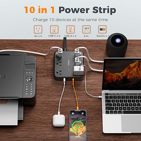 Surge Protector Power Strip 6 Outlets 4 USB Ports 2 USB C 5FT Flat Plug Extension Cord 2100J Black